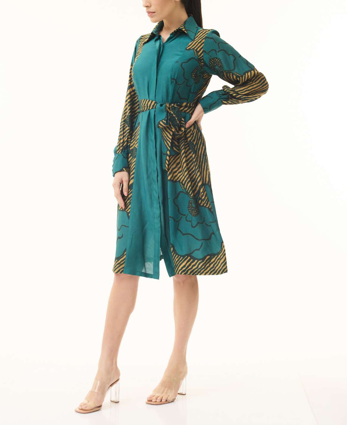 TEAL AND MUSTARD FLORAL SHIRT DRESS