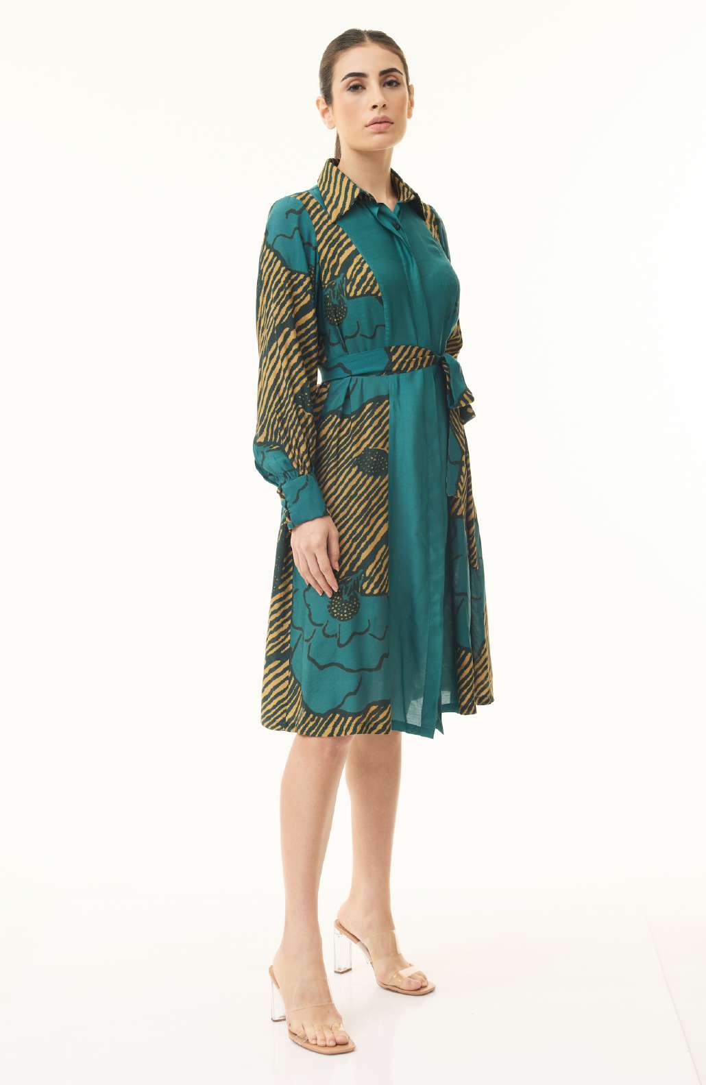 TEAL AND MUSTARD FLORAL SHIRT DRESS
