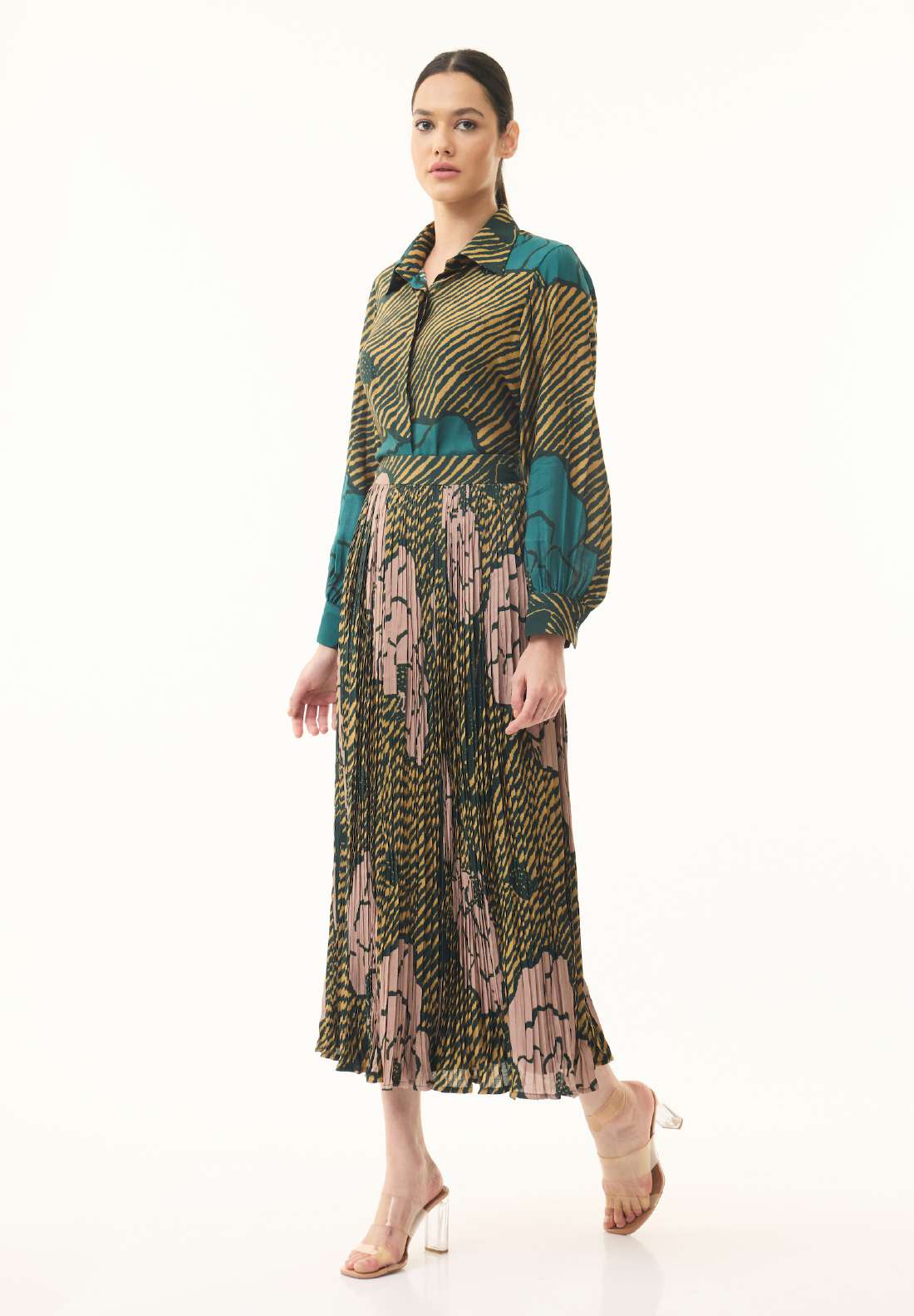 TEAL, MUSTARD AND PINK FLORAL CRINKLED SKIRT