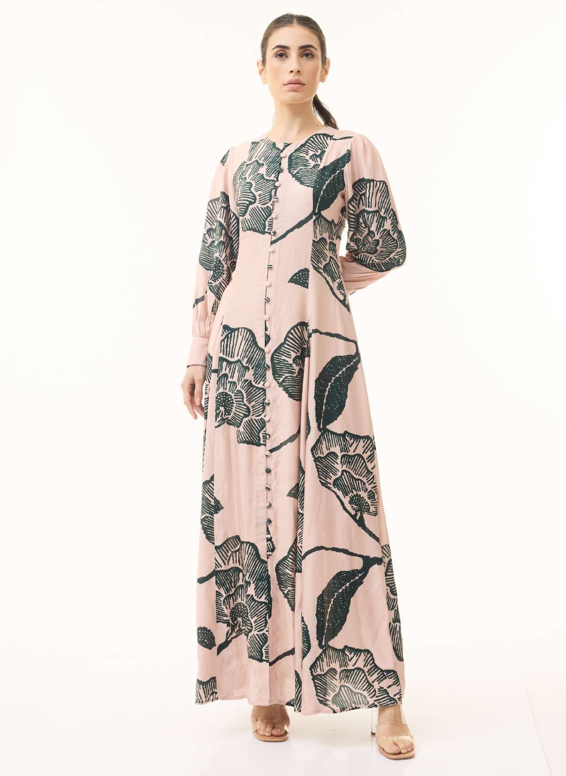 PEACH AND GREEN FLORAL LONG DRESS