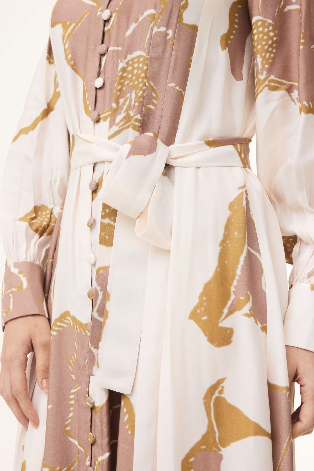 PEACH AND MUSTARD FLORAL LONG PLEATED DRESS