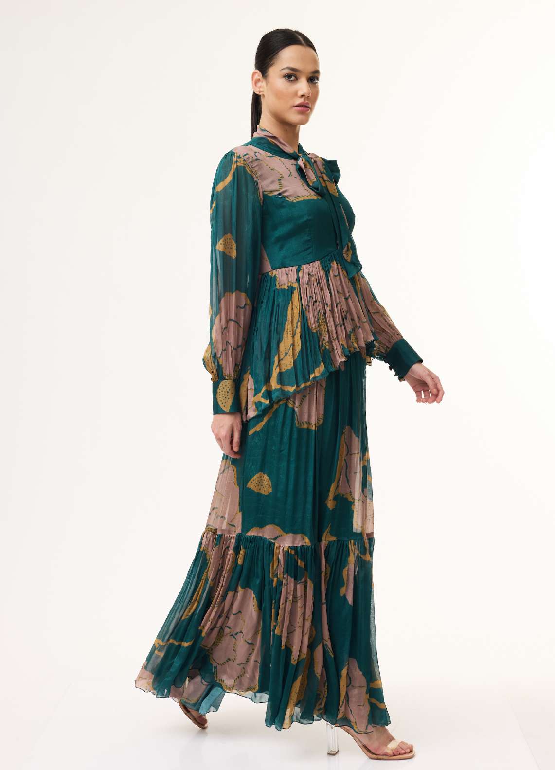 TEAL, PINK AND MUSTARD FLORAL LONG DRESS