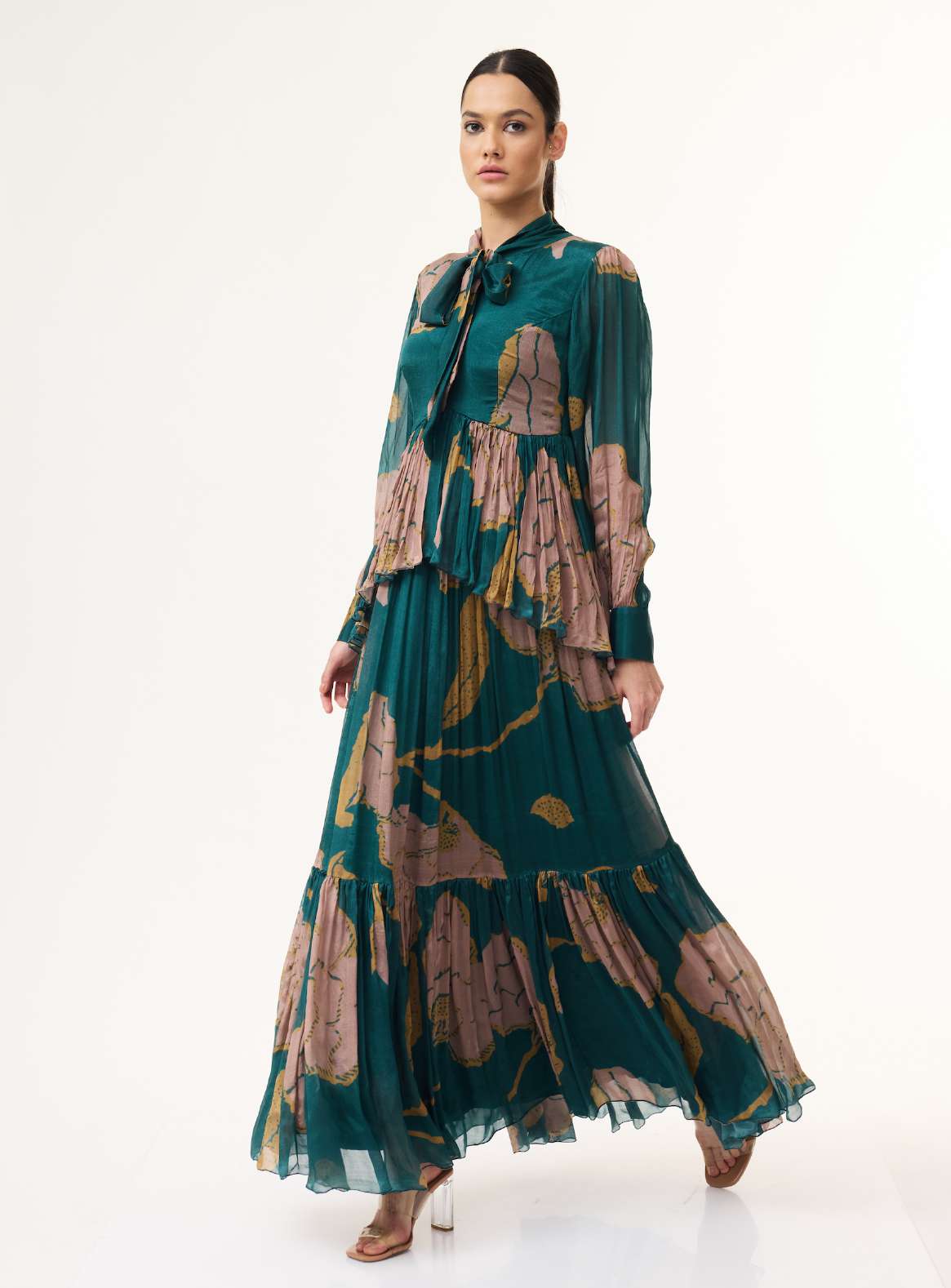 TEAL, PINK AND MUSTARD FLORAL LONG DRESS