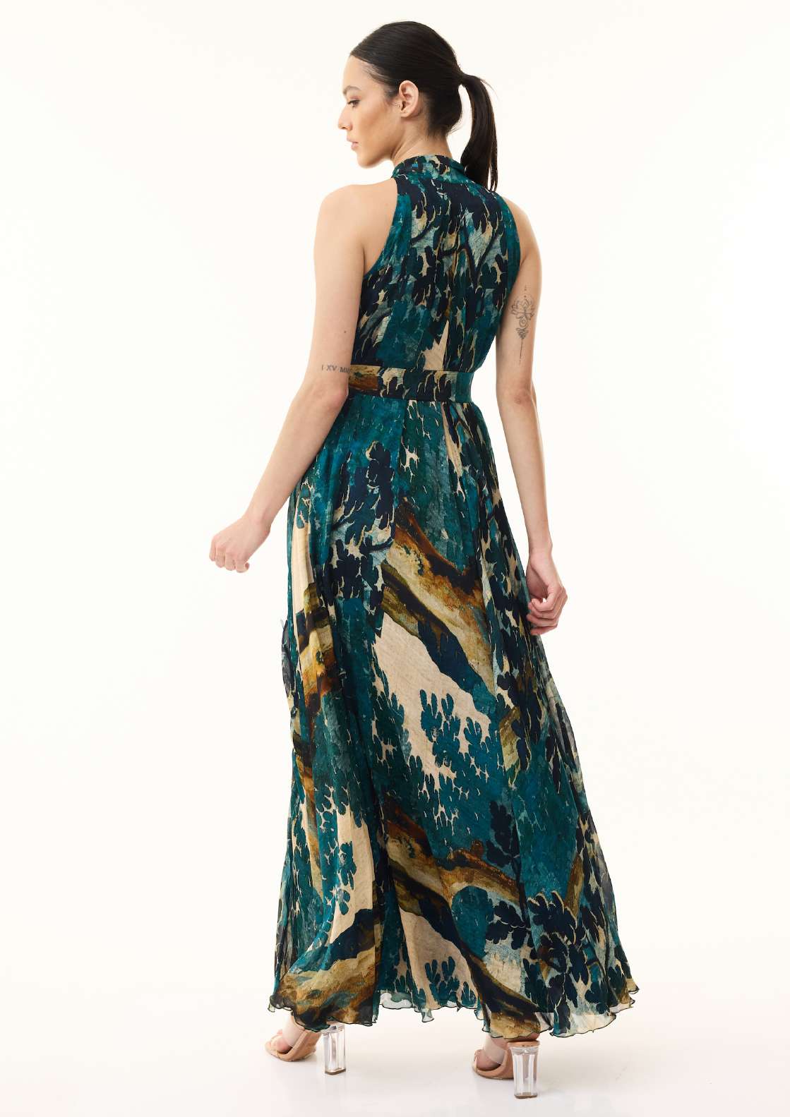TEAL FLORAL SLEEVELESS LONG DRESS