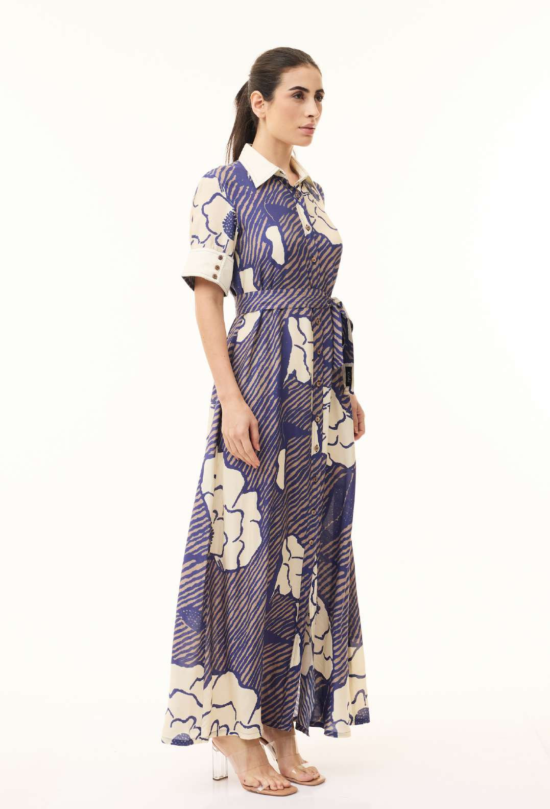 BLUE, BEIGE AND CREAM FLORAL SHIRT DRESS