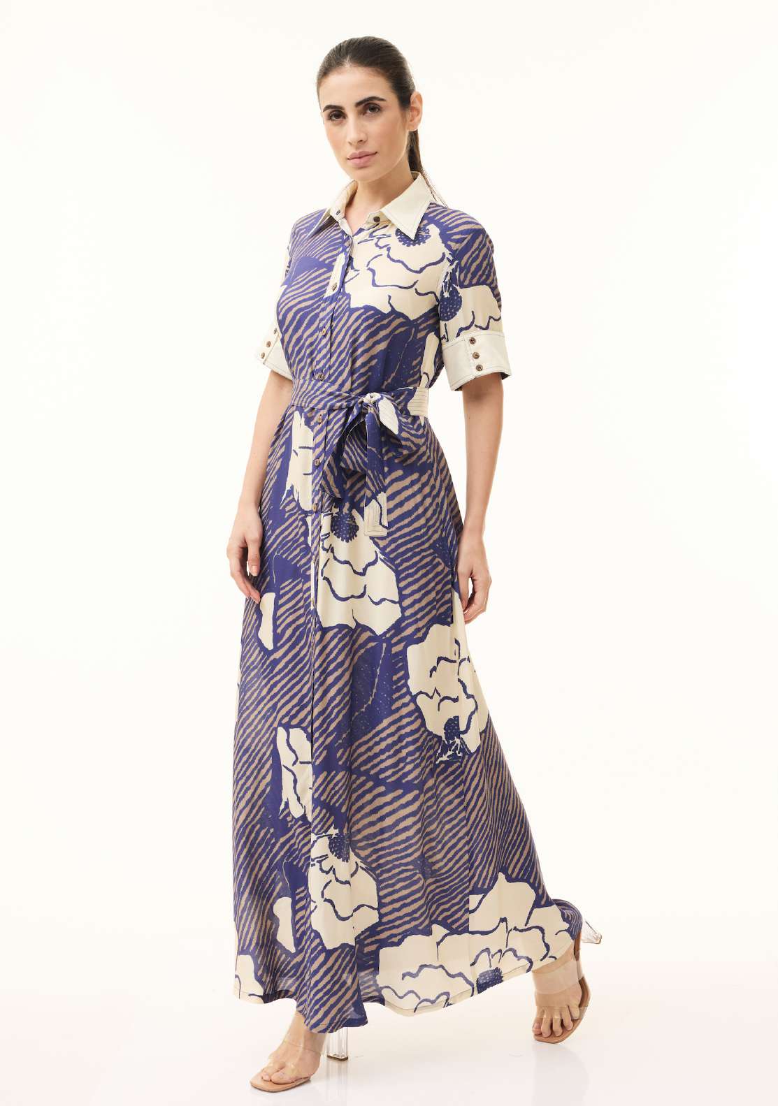 BLUE, BEIGE AND CREAM FLORAL SHIRT DRESS