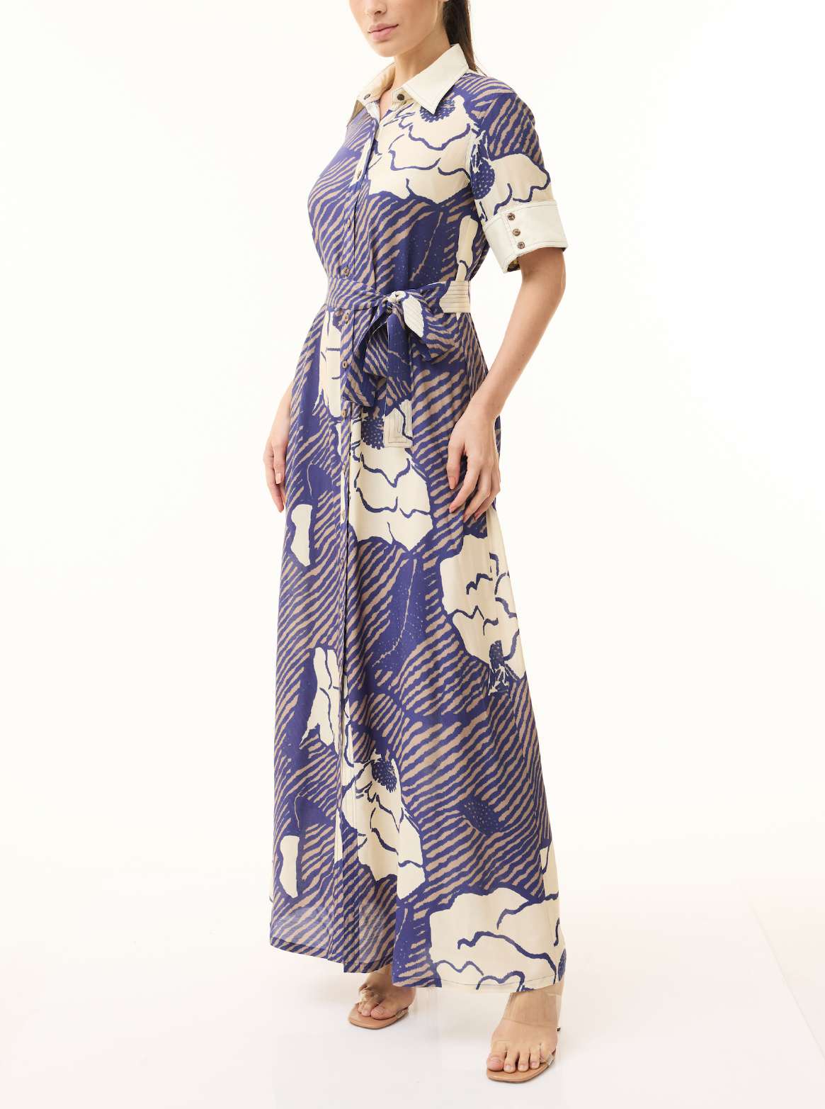 BLUE, BEIGE AND CREAM FLORAL SHIRT DRESS