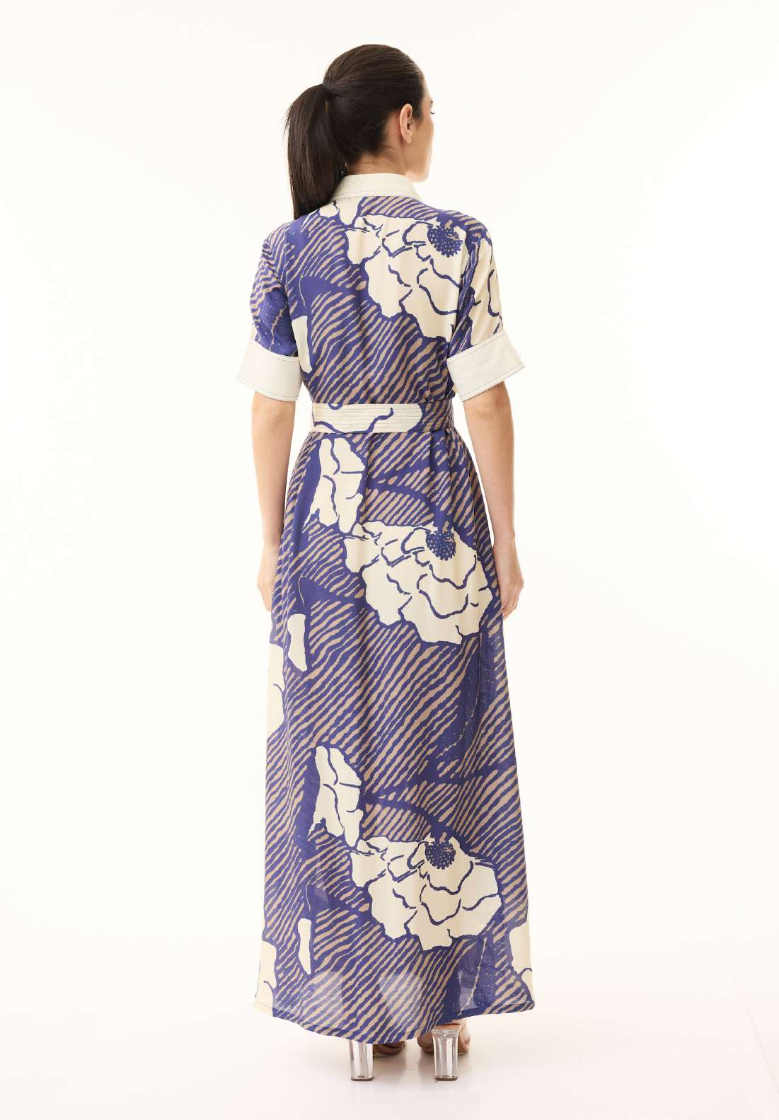 BLUE, BEIGE AND CREAM FLORAL SHIRT DRESS