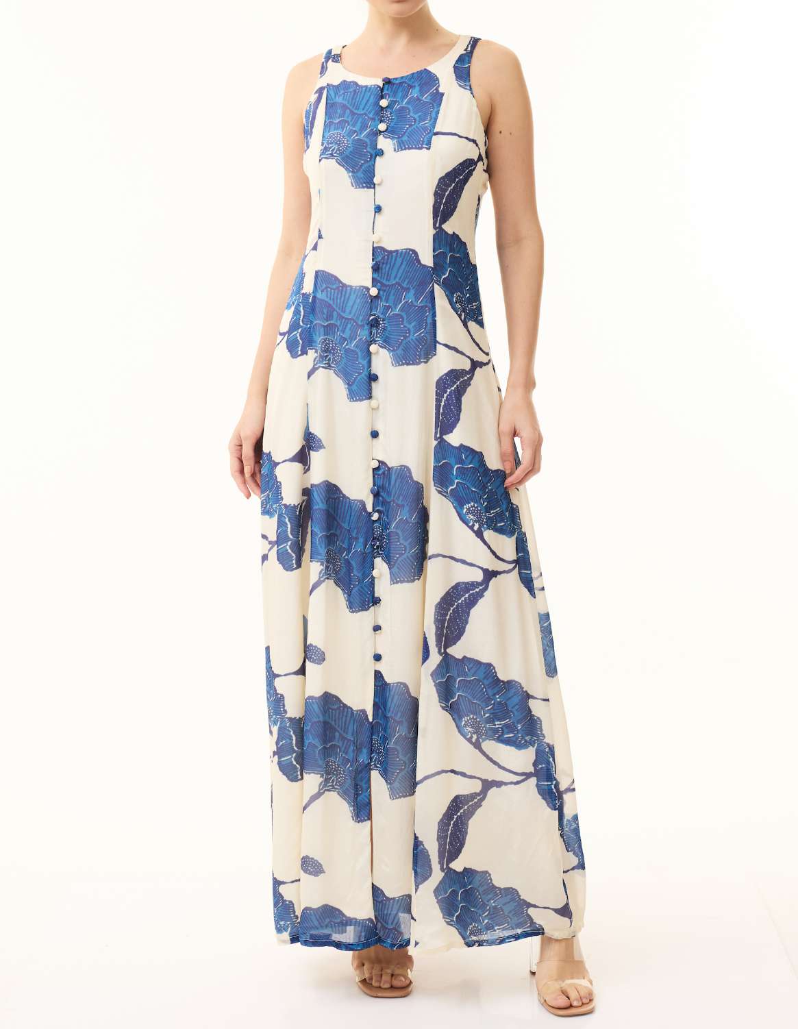 CREAM AND BLUE FLORAL SLEEVELESS LONG DRESS