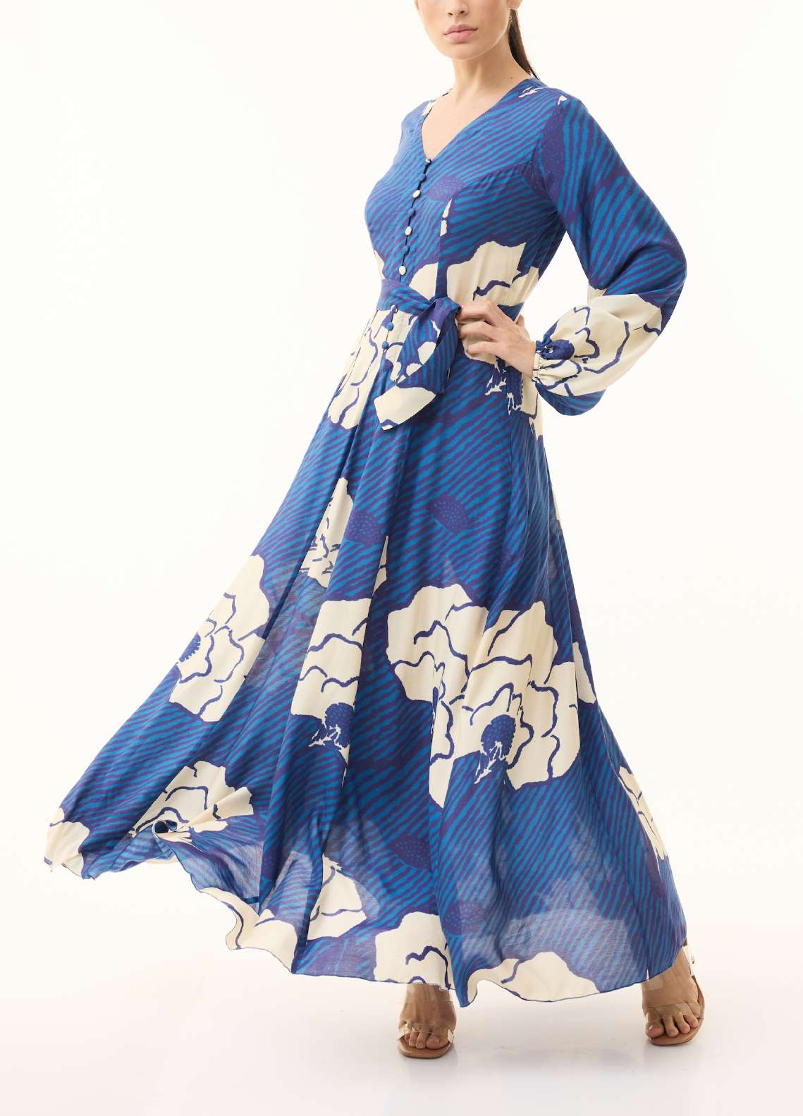 BLUE AND CREAM FLORAL LONG DRESS