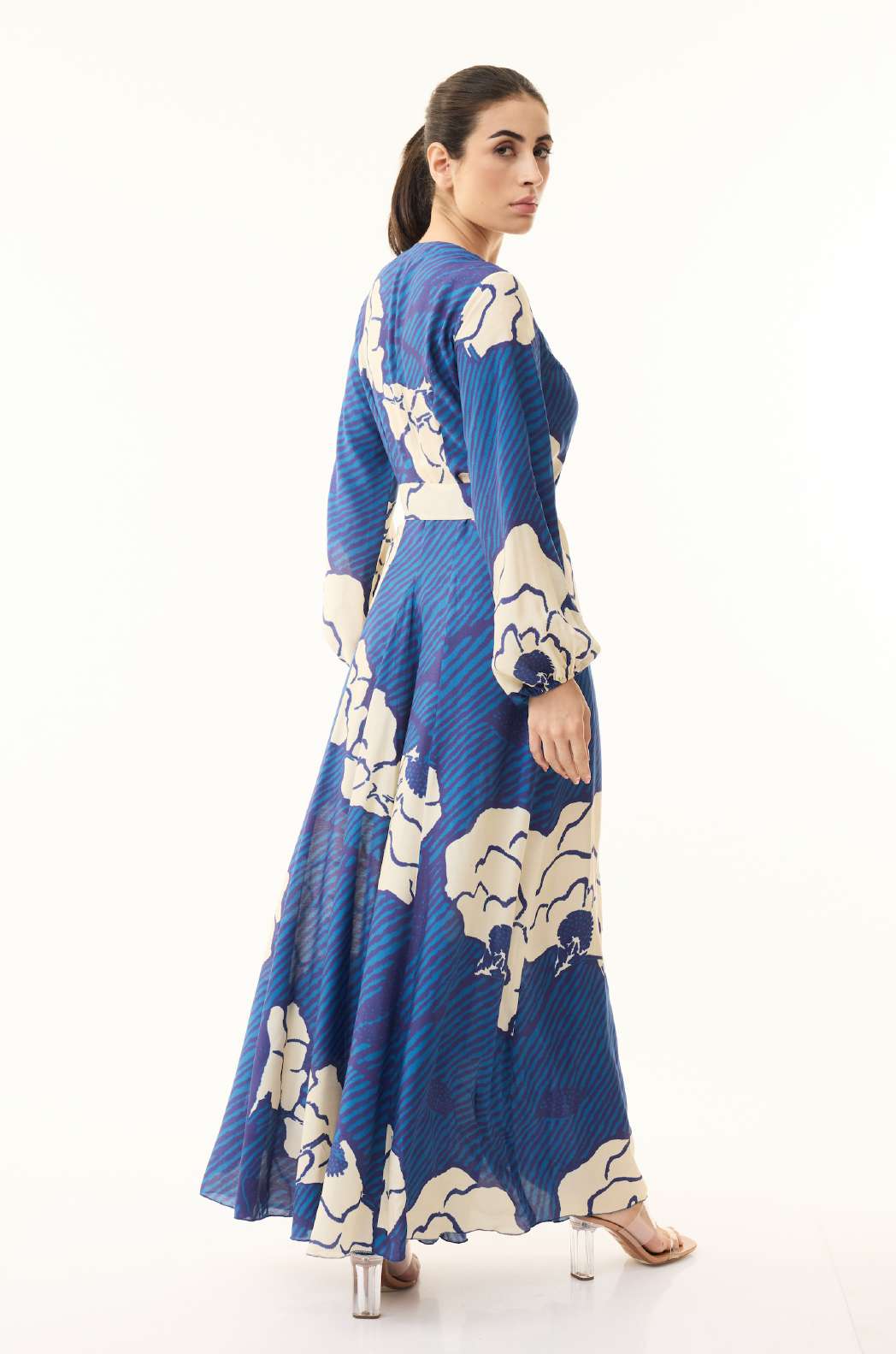 BLUE AND CREAM FLORAL LONG DRESS