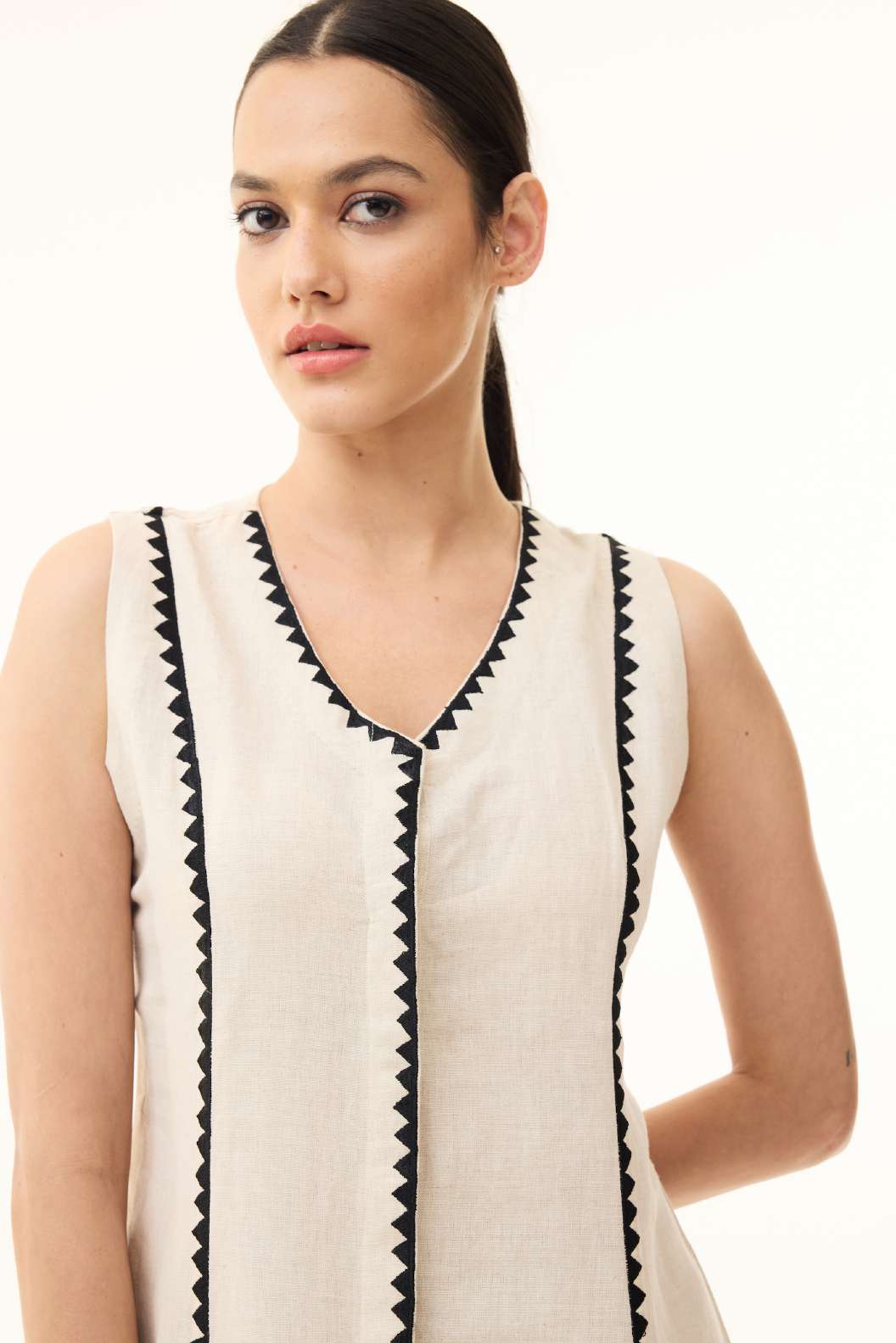 BEIGE AND BLACK EMBROIDERED SLEEVELESS DRESS