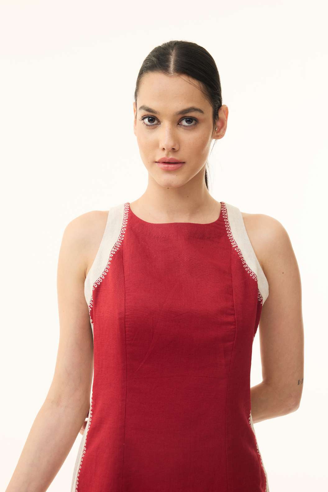 RED AND BEIGE EMBROIDERED DRESS