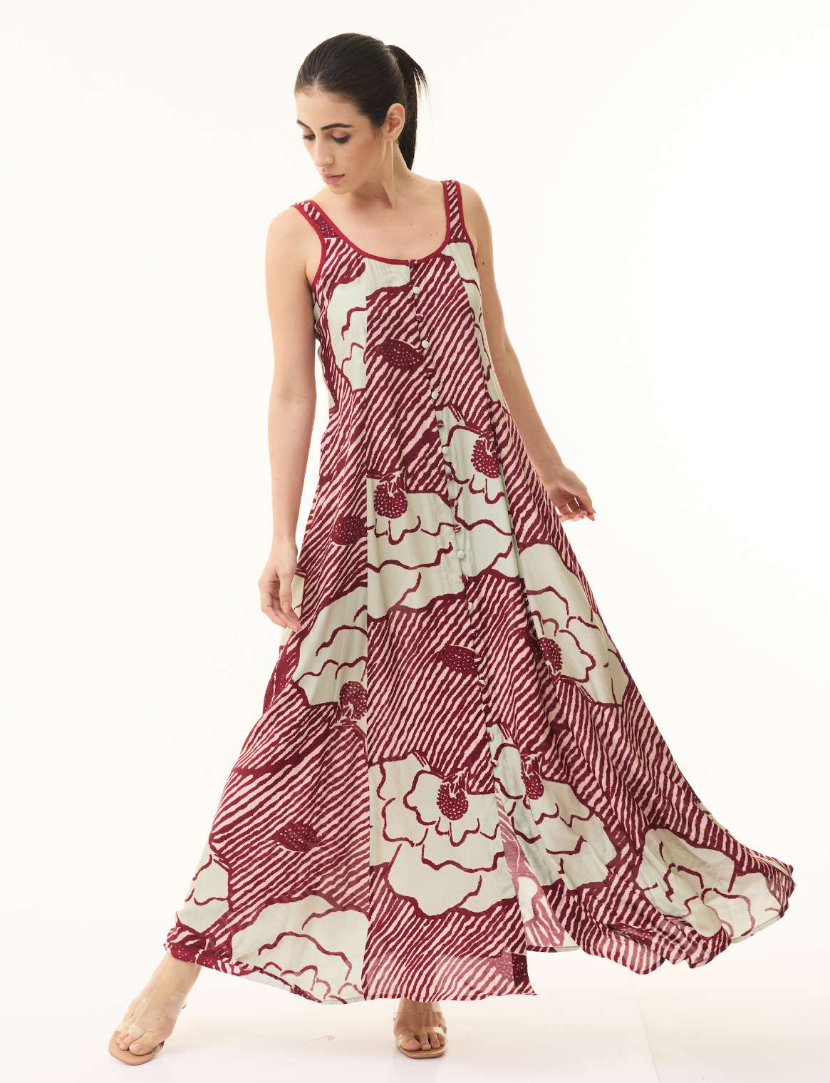 RED, PEACH AND BEIGE FLORAL LONG DRESS