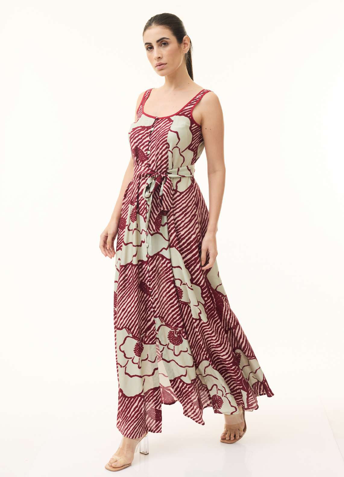 RED, PEACH AND BEIGE FLORAL LONG DRESS