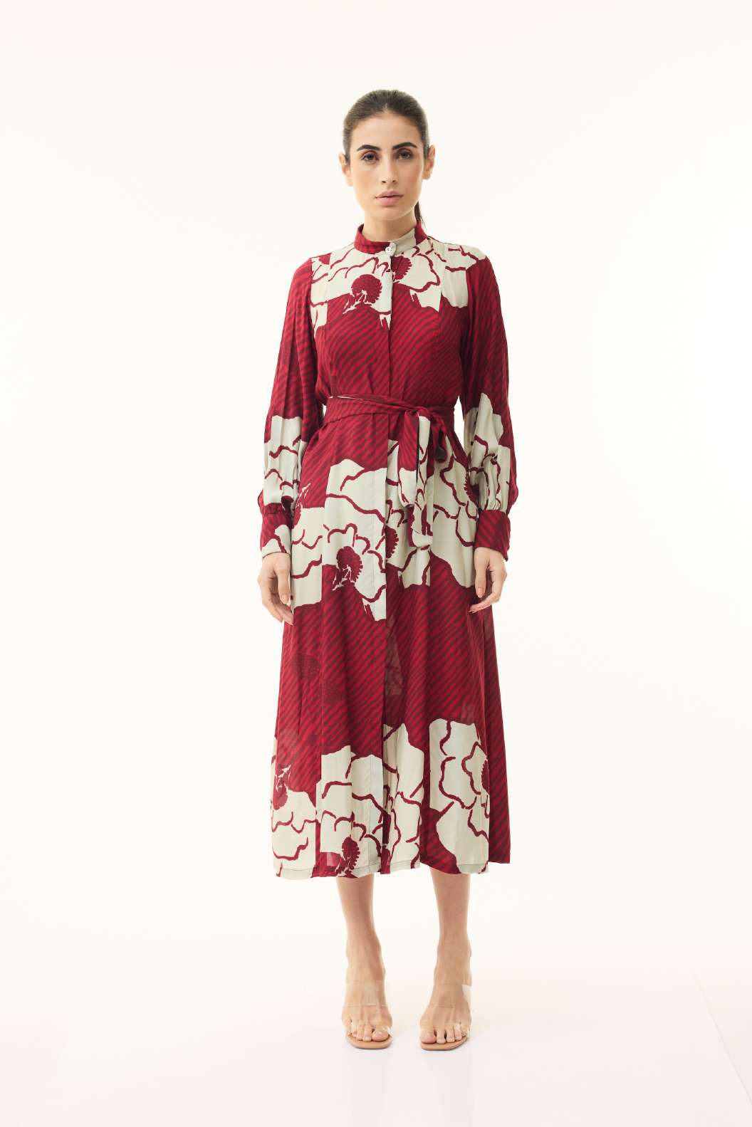 RED AND BEIGE FLORAL SLEEVELESS DRESS