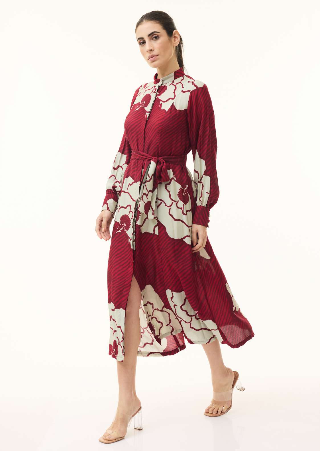RED AND BEIGE FLORAL SLEEVELESS DRESS