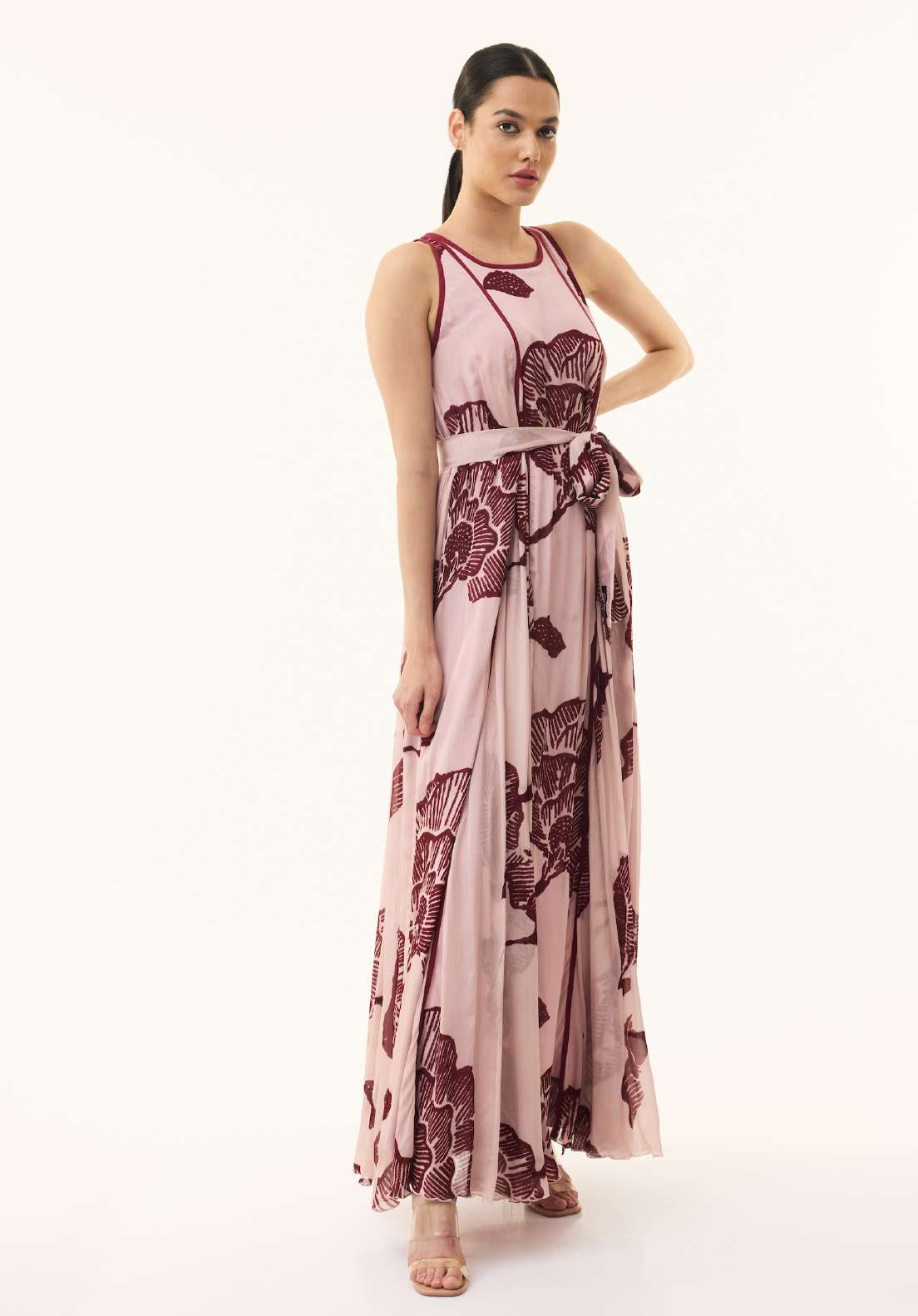 PEACH AND RED FLORAL SLEEVELESS LONG DRESS
