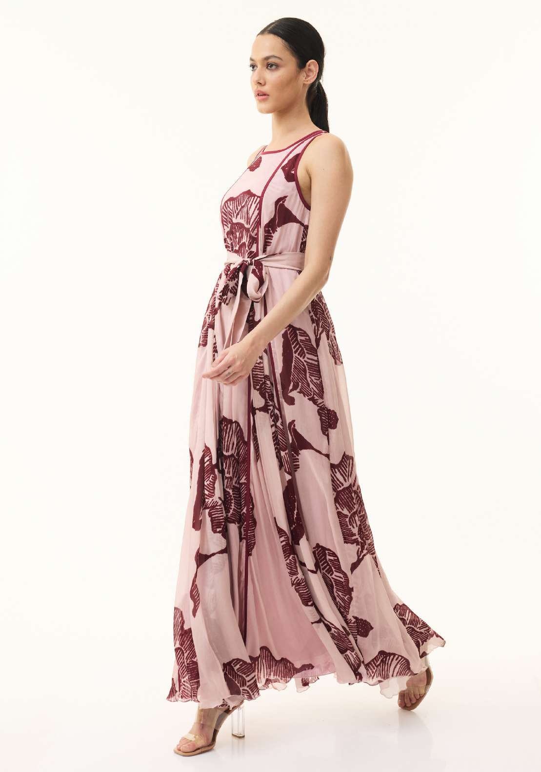 PEACH AND RED FLORAL SLEEVELESS LONG DRESS