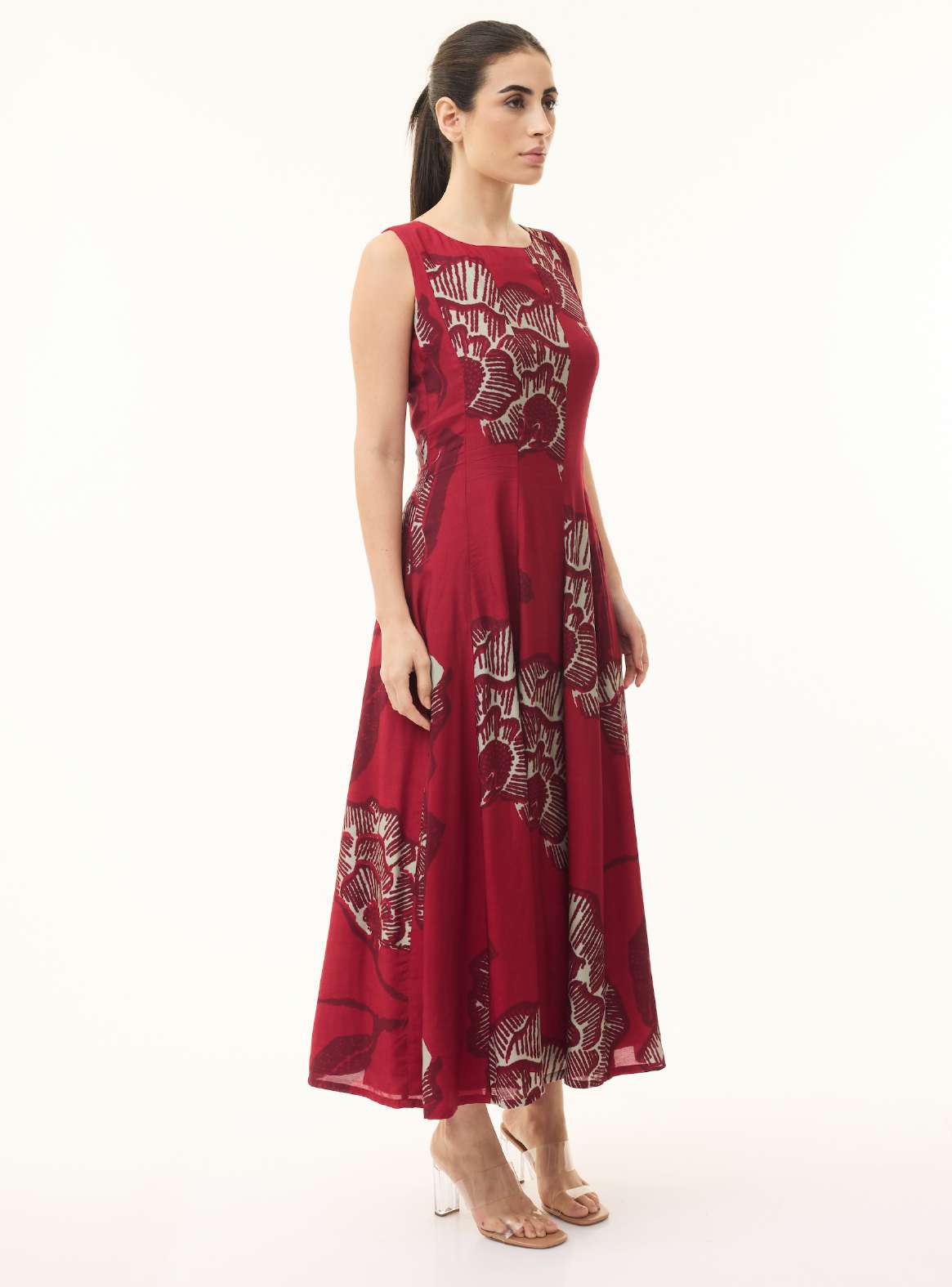 RED, BEIGE AND MAROON FLORAL LONG DRESS