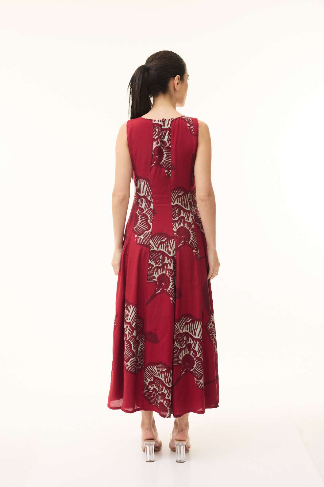 RED, BEIGE AND MAROON FLORAL LONG DRESS