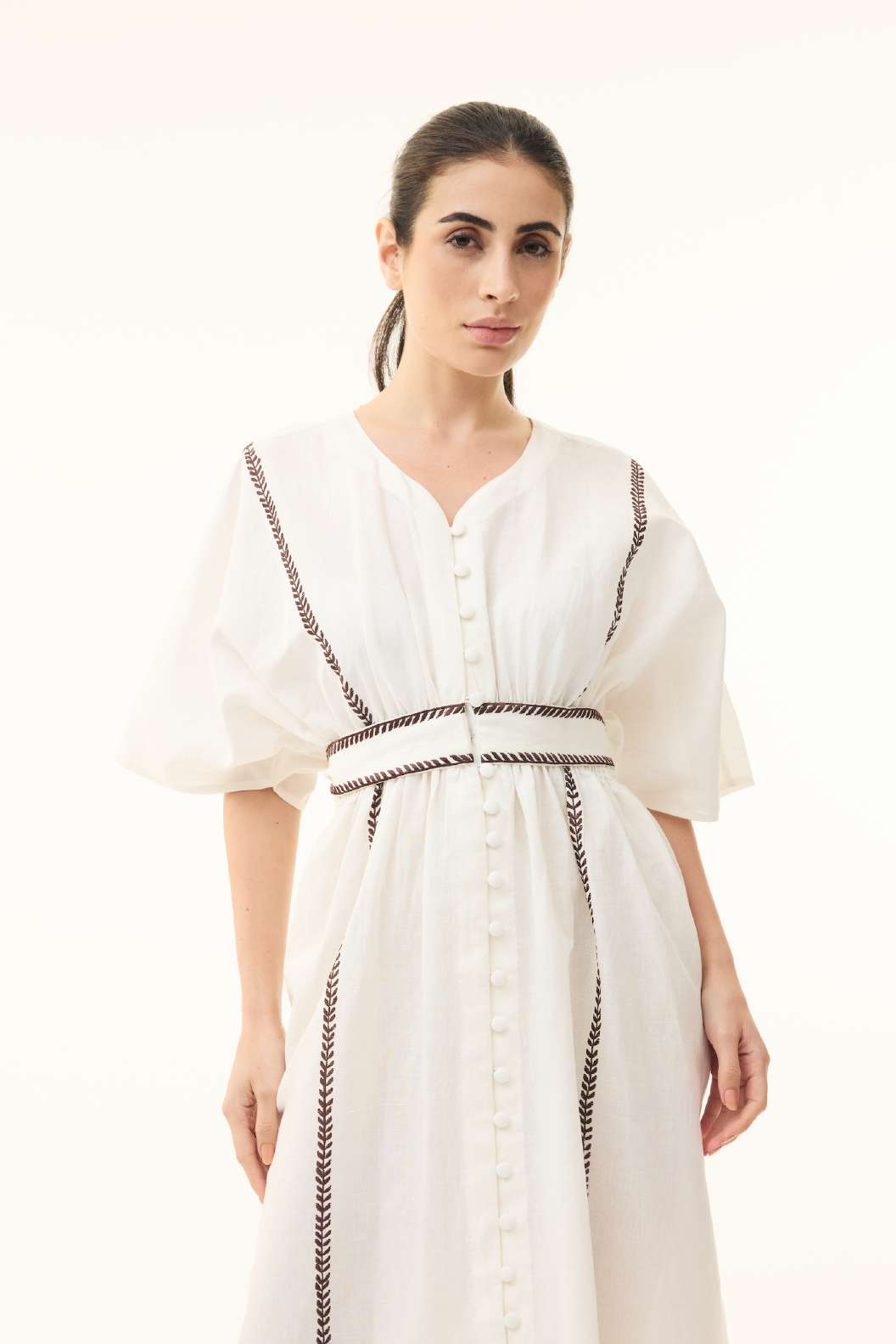 OFFWHITE AND BLACK EMBROIDERED KAFTAN DRESS