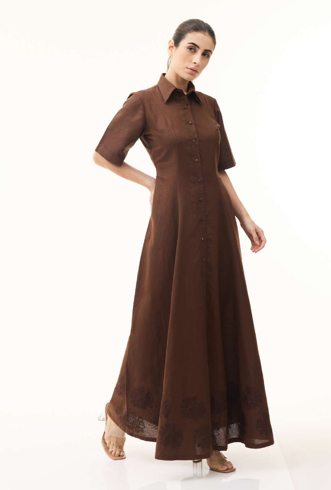 BROWN EMBROIDERED LONG DRESS