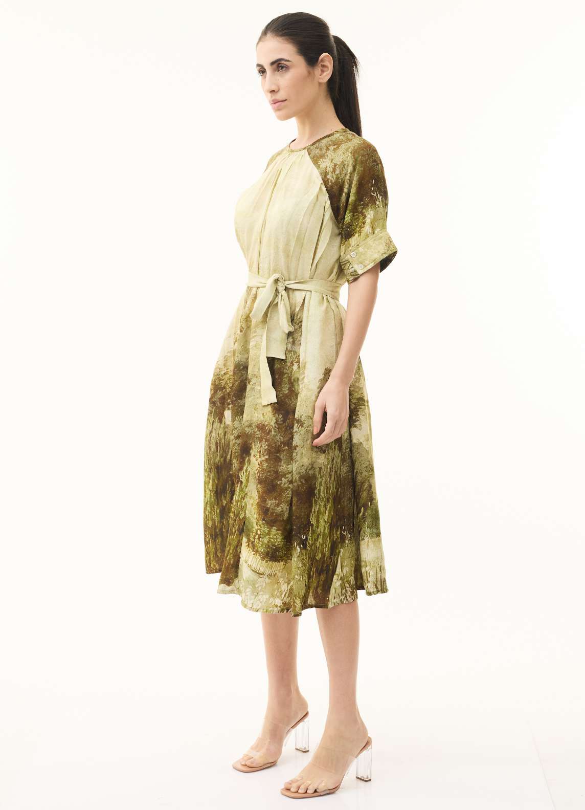 BEIGE AND GREEN FLORAL SHIRT DRESS