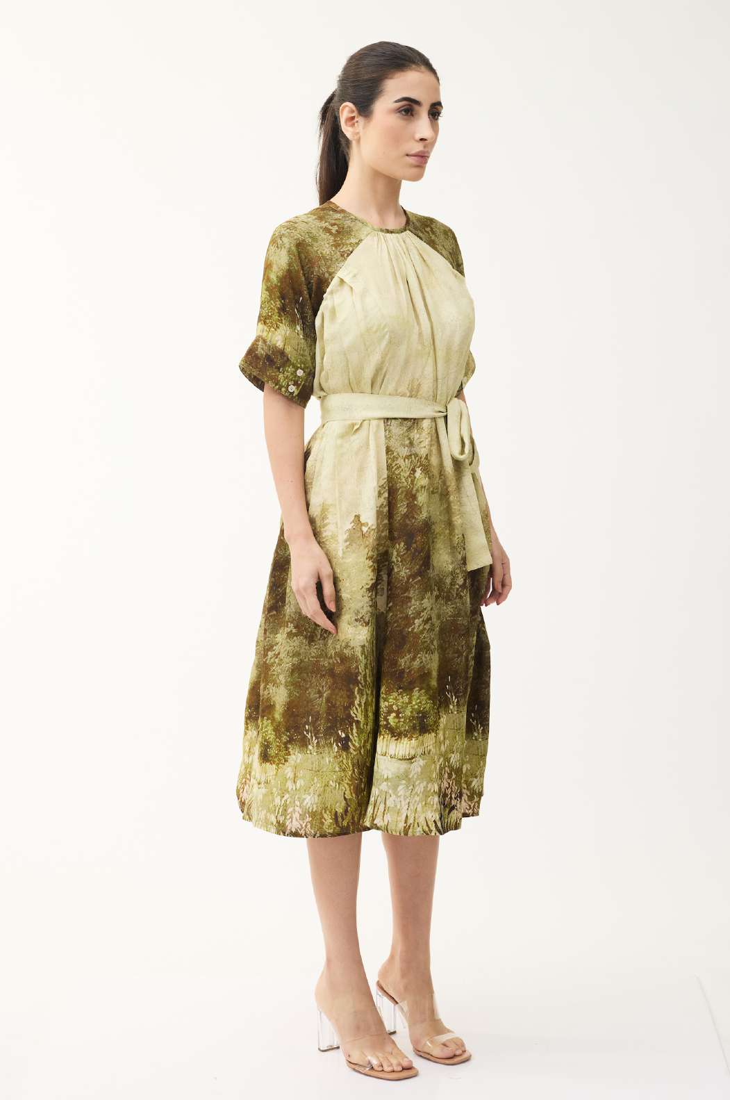 BEIGE AND GREEN FLORAL SHIRT DRESS