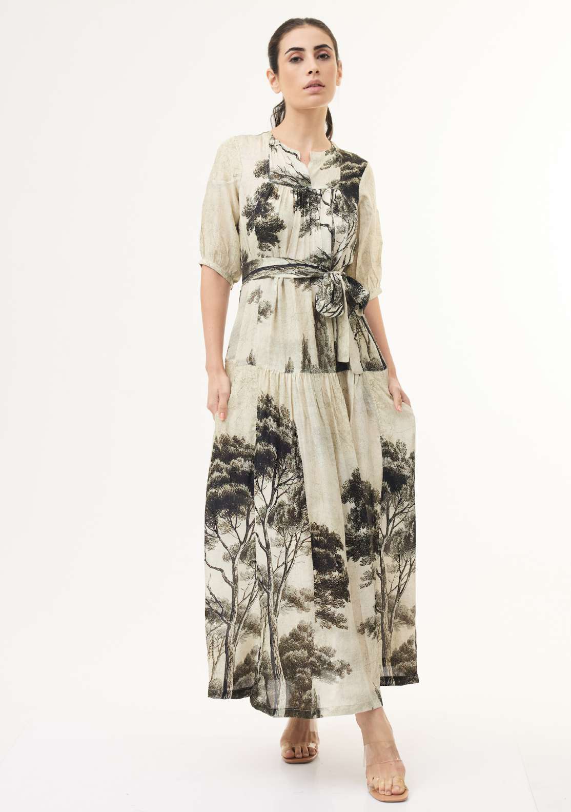 BEIGE AND BLACK FLORAL SHIRT DRESS