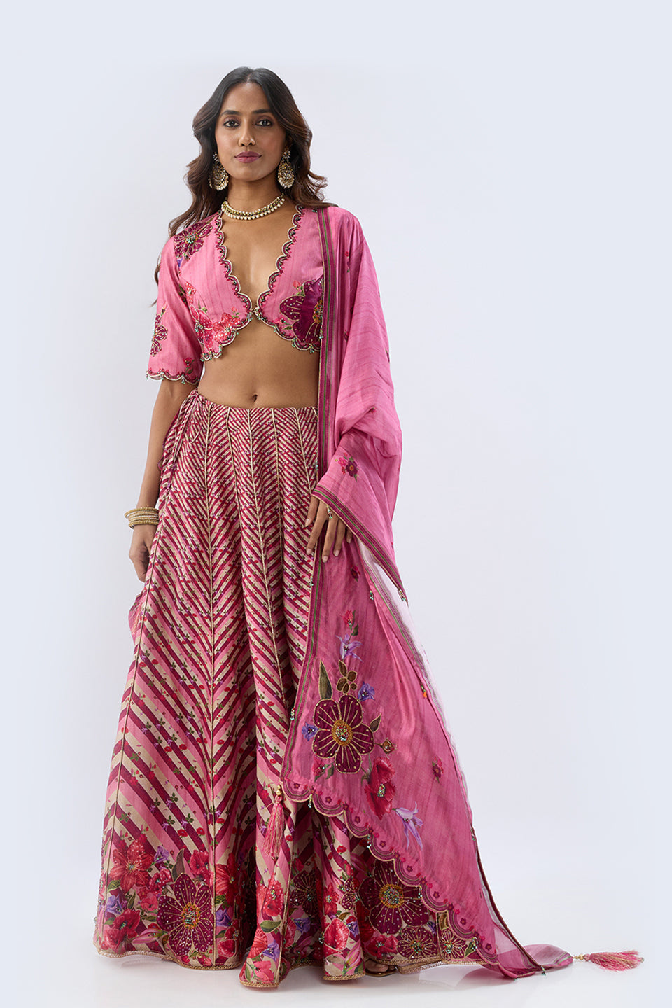 Blossom Pink Striped Lehenga Set