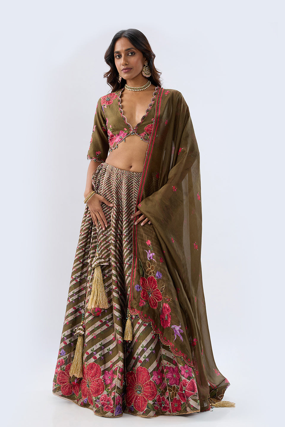 Blossom Striped Olive Green Lehenga Set