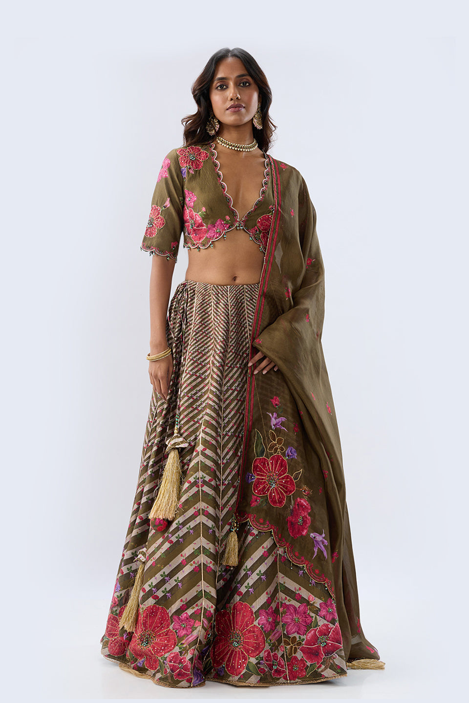 Blossom Striped Olive Green Lehenga Set