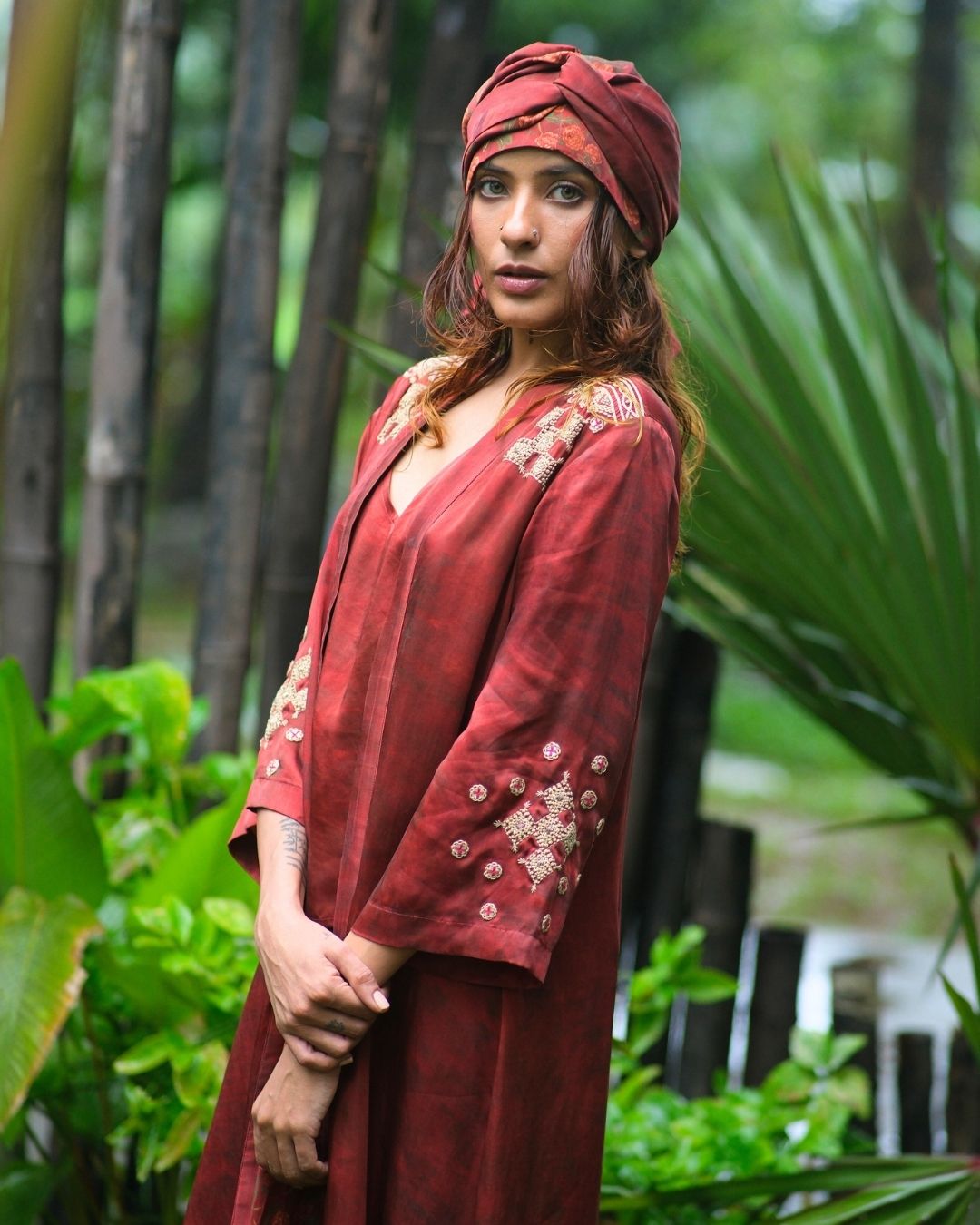 HAND ENBROIDERED JACKET WITH TOP AND DRAPED PRINTED SKIRT