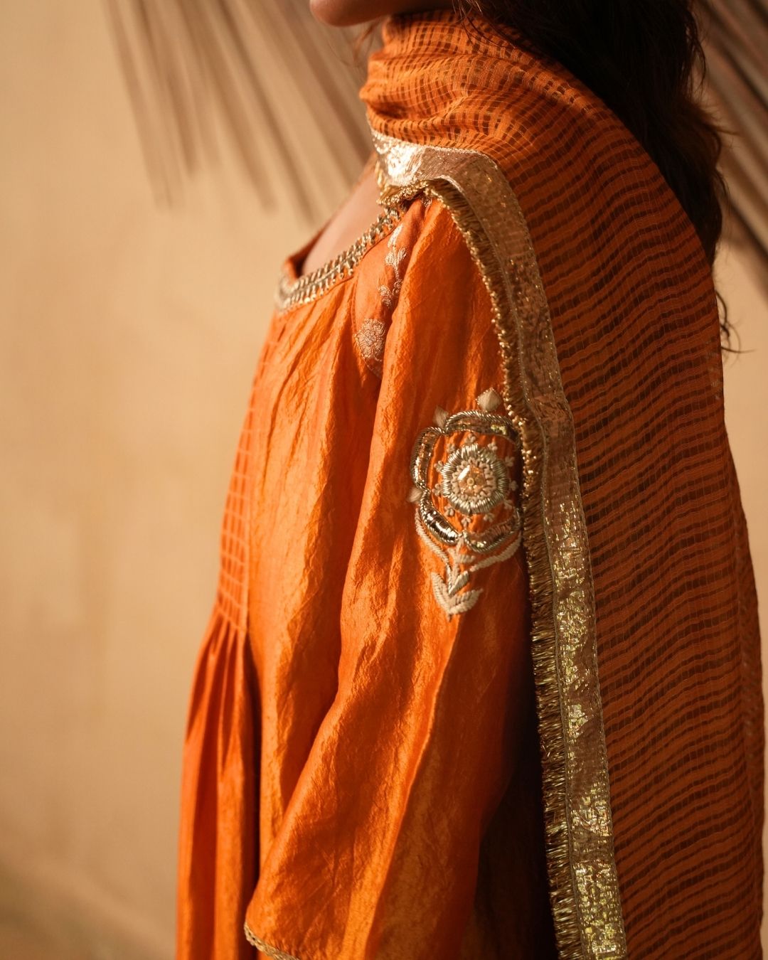 PINTUCK NECK YOKE WITH HAND EMBROIDERED KURTA AND PANTS