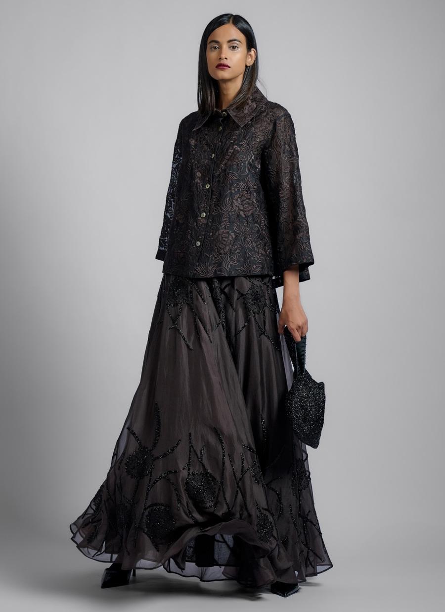 Brown BLK Silk Organza Skirt