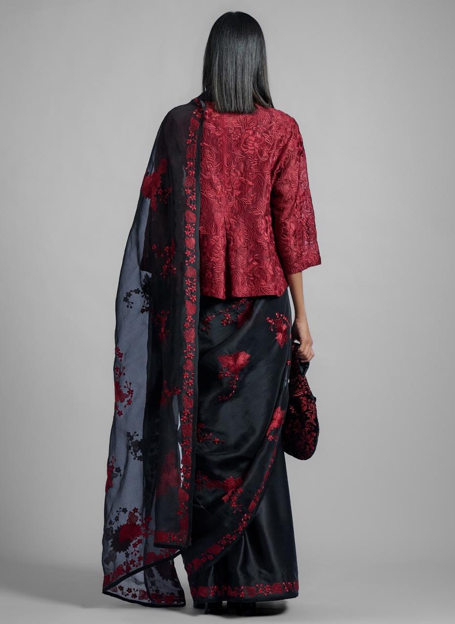 Black Ruby Silk Organza & Silk Satin Sari