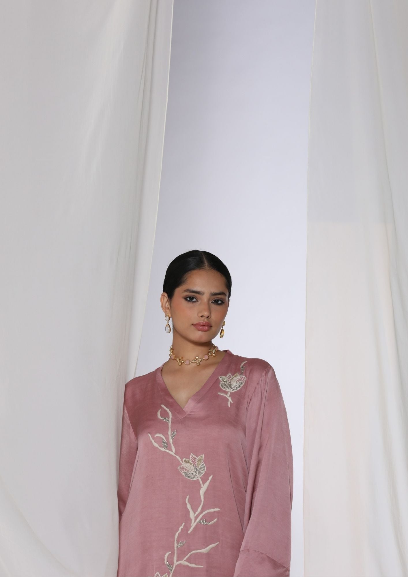 Linen Satin Kurta With Floral Handwork Embroidery With Slim Pants