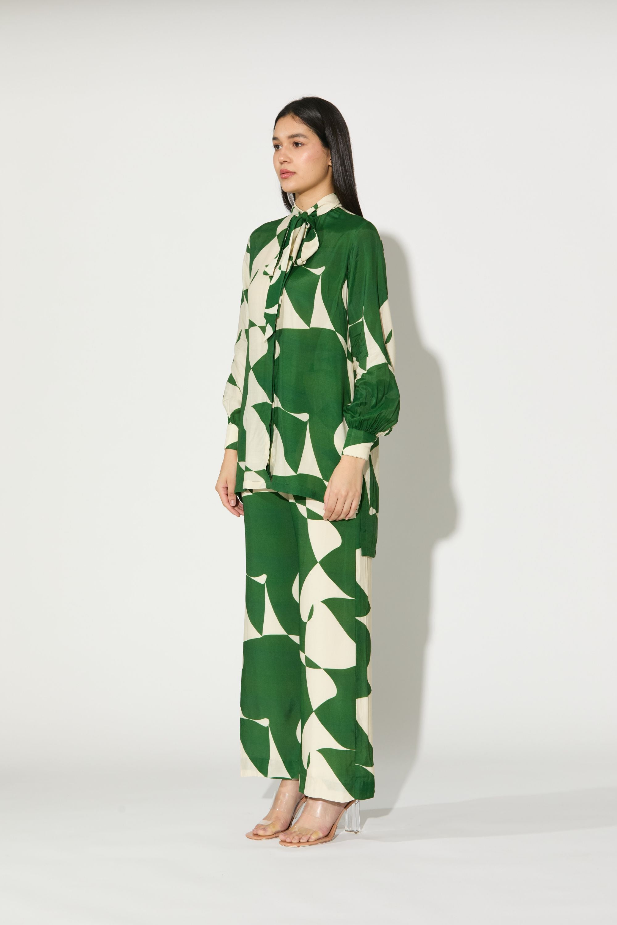 Green And White Abstract Bow Tie Shirt