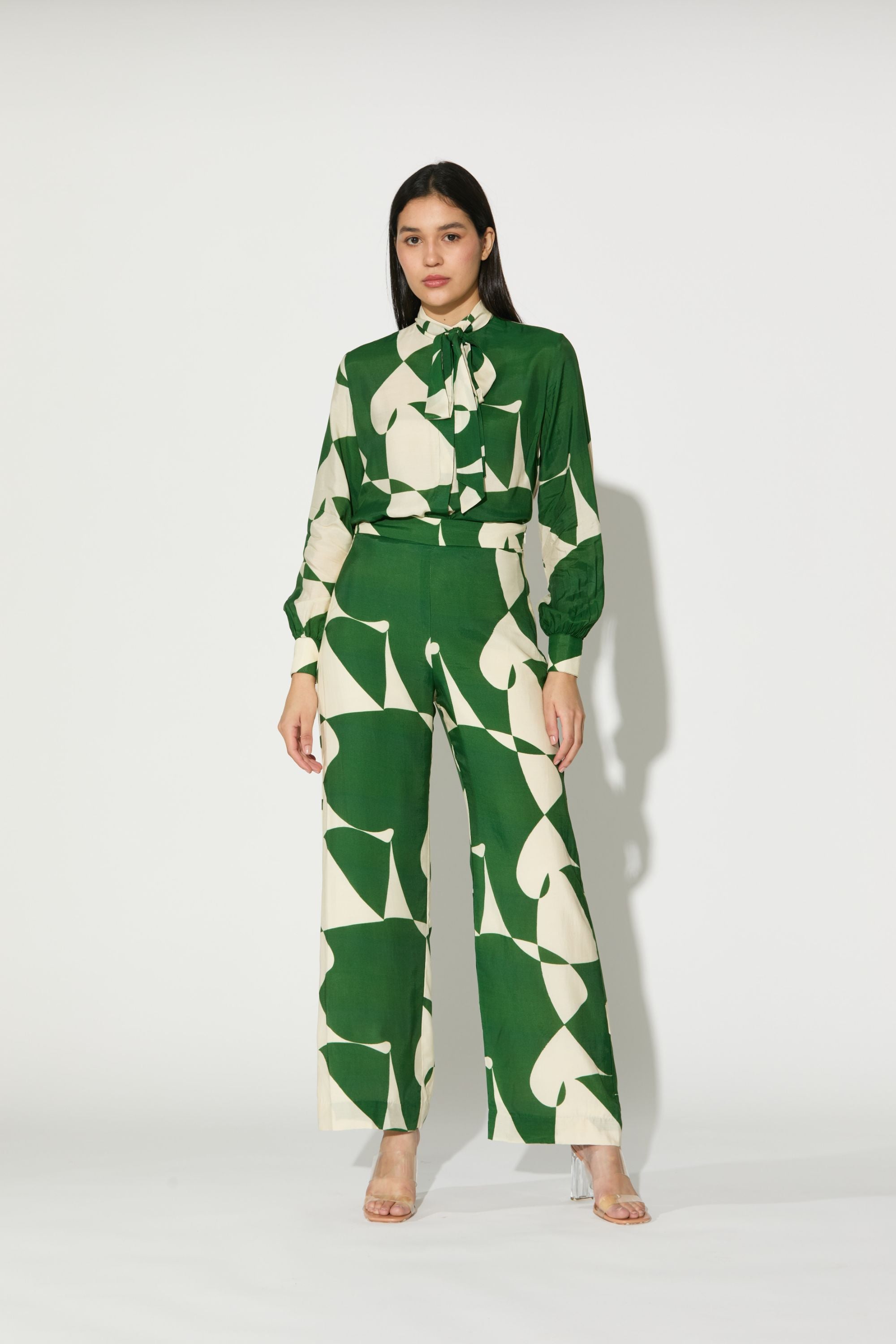 Green And White Abstract Bow Tie Shirt