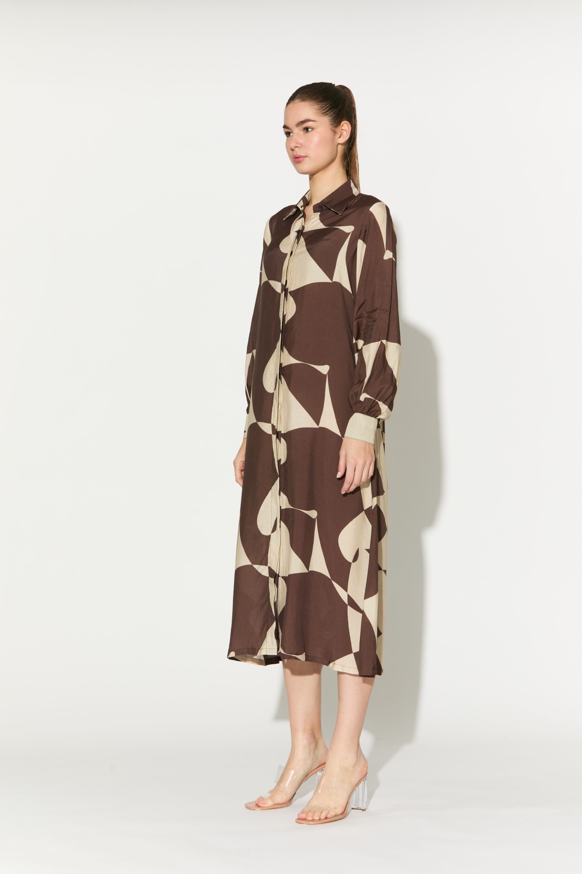 Brown And White Abstract Long Shirt