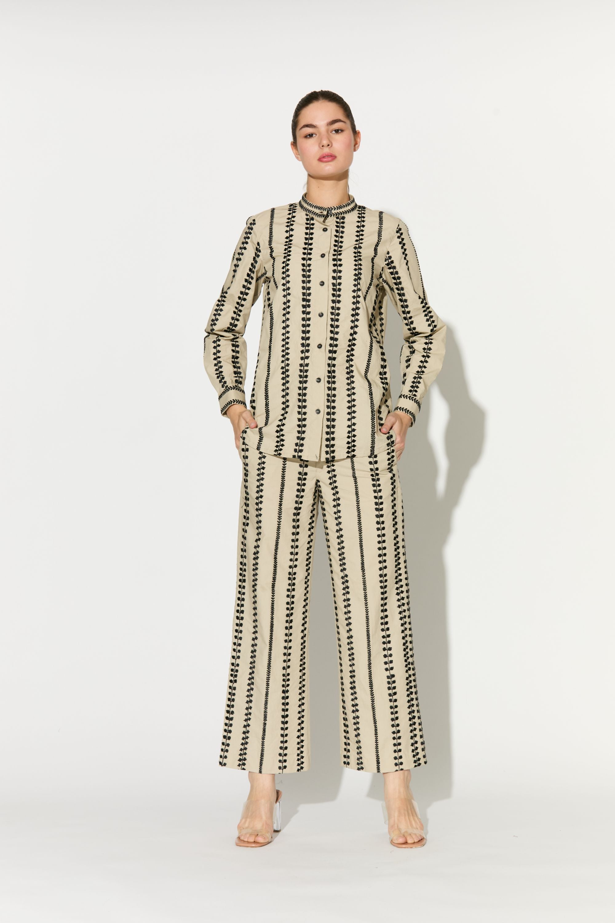 Beige Embroidered Pants
