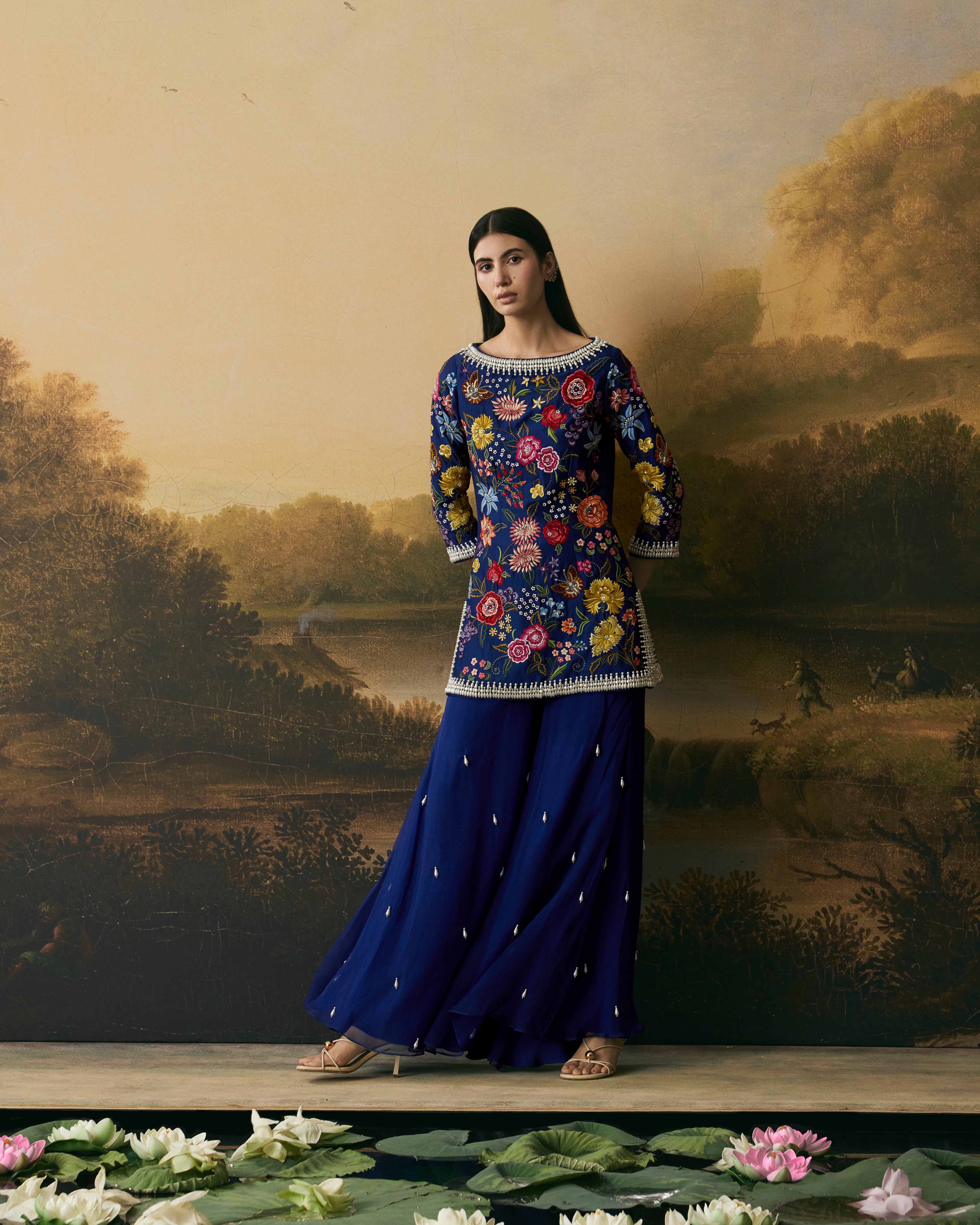 COBALT BLUE FLORAL BLOOM SHORT KURTA WITH SHARARA