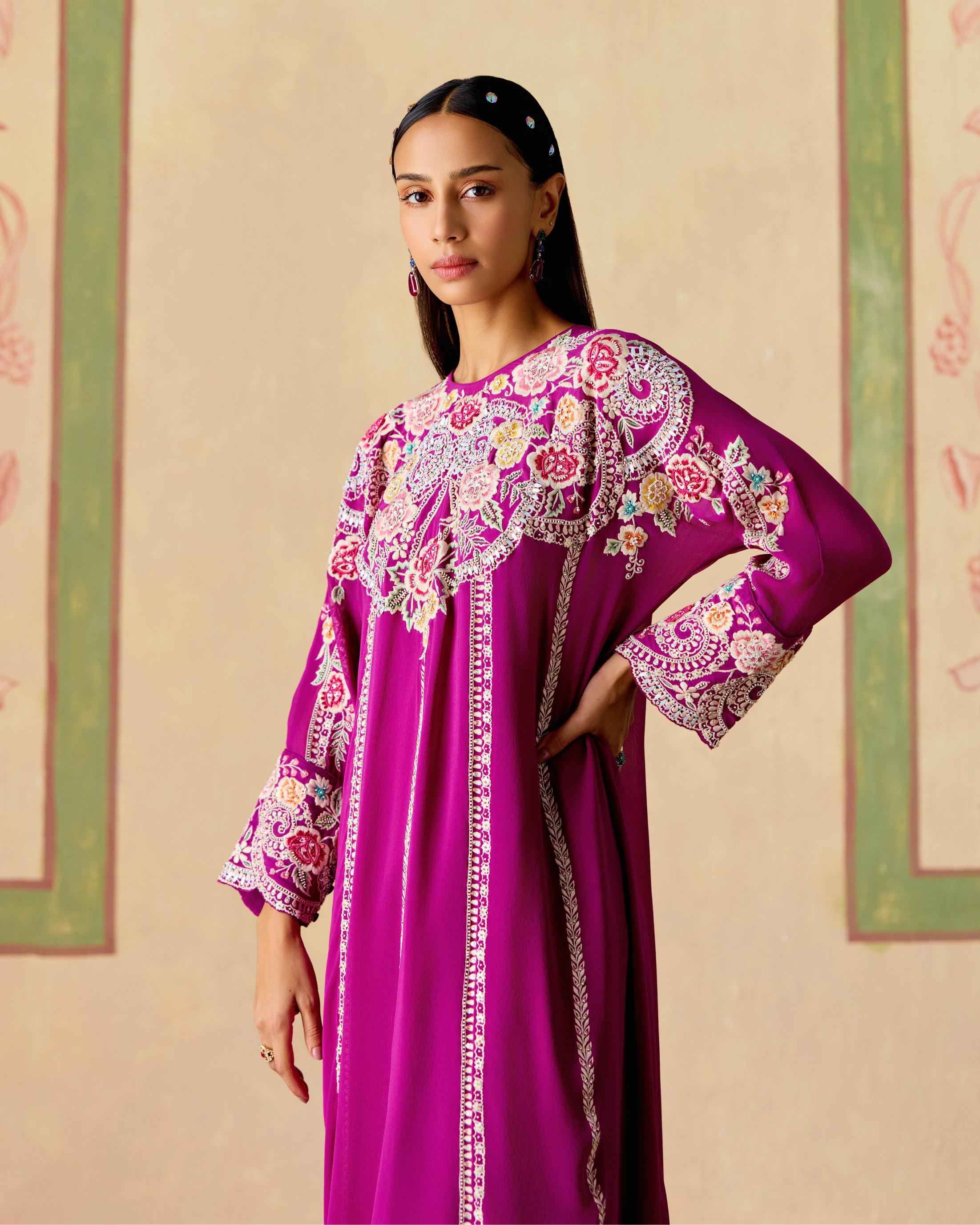 PURPLE CONTRAST EMBROIDERED KIMONO KURTA WITH NARROW PANTS