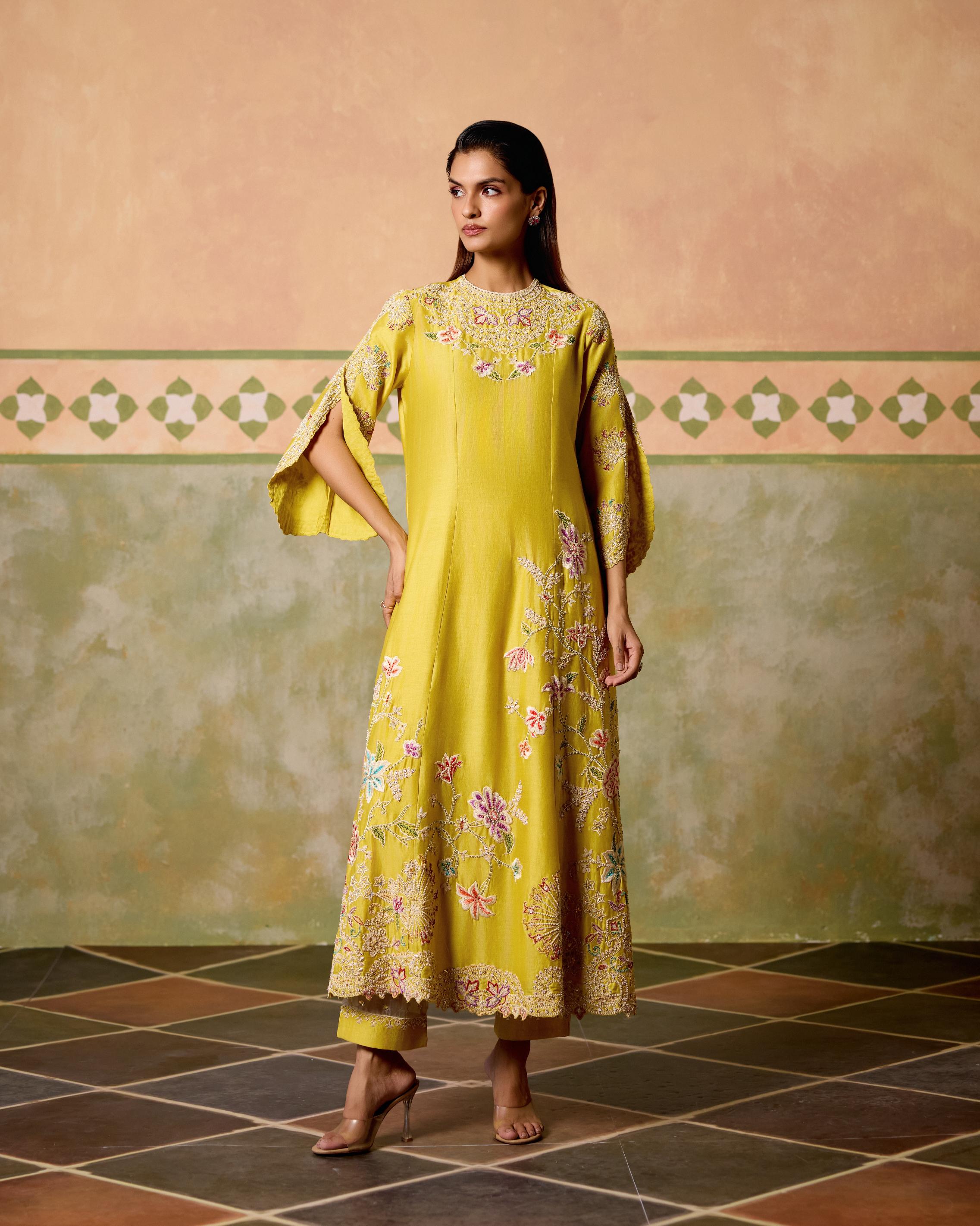 YELLOW CONTRAST CORDWORK FLARED LONG KURTA WITH SHEER PANEL PANTS