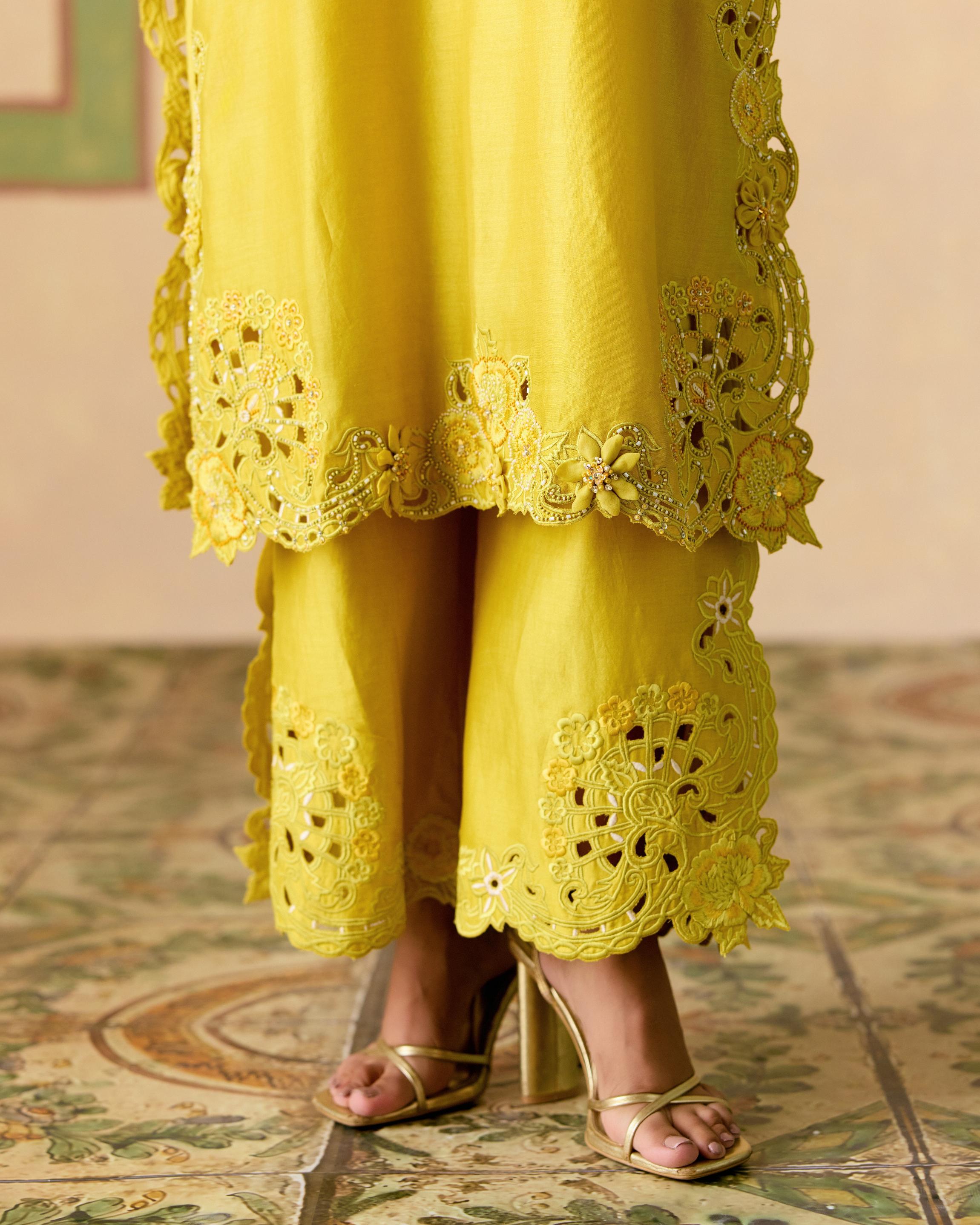 YELLOW CUTWORK AND 3D FLORALS KURTA WITH CUTWORK PANTS