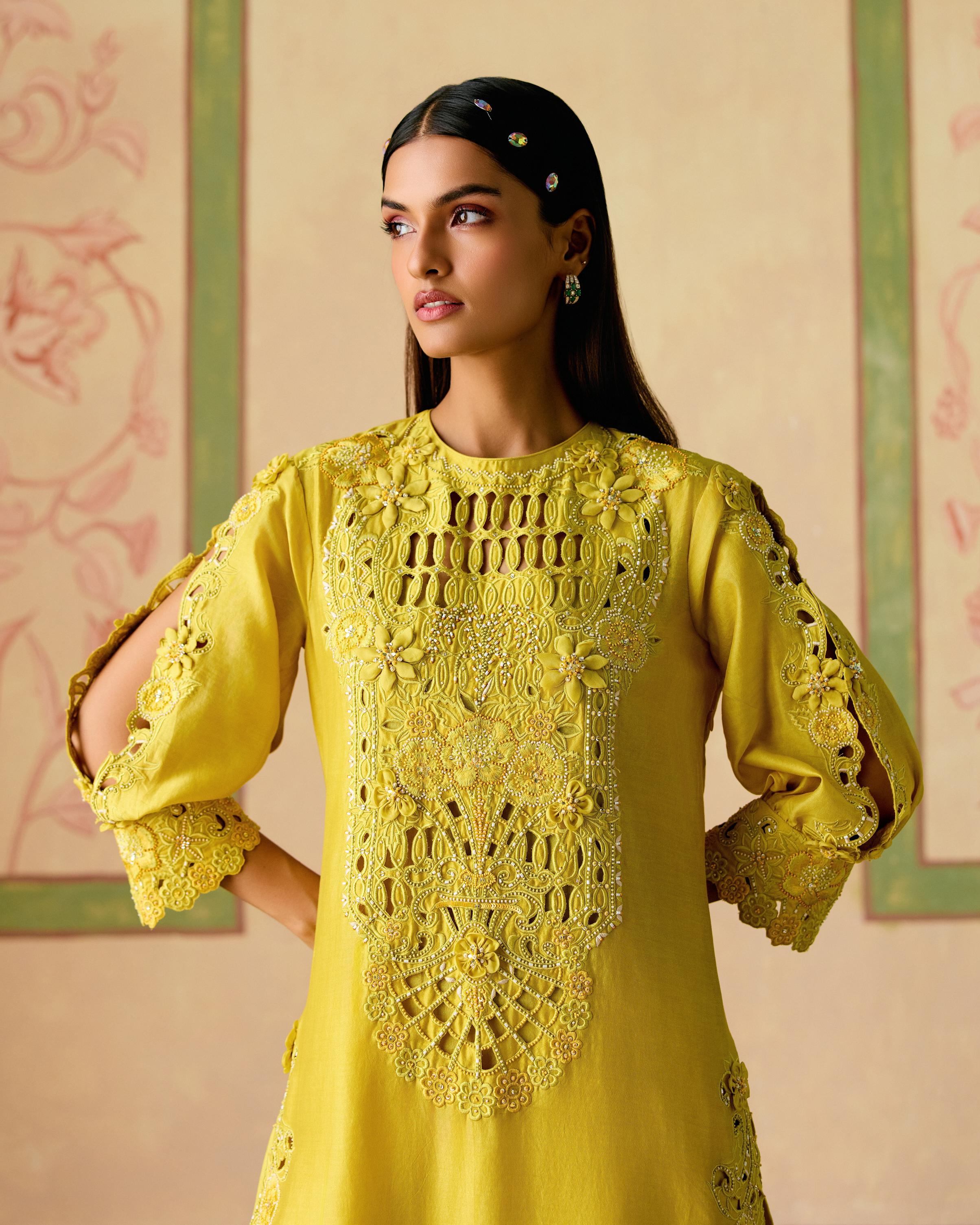 YELLOW CUTWORK AND 3D FLORALS KURTA WITH CUTWORK PANTS