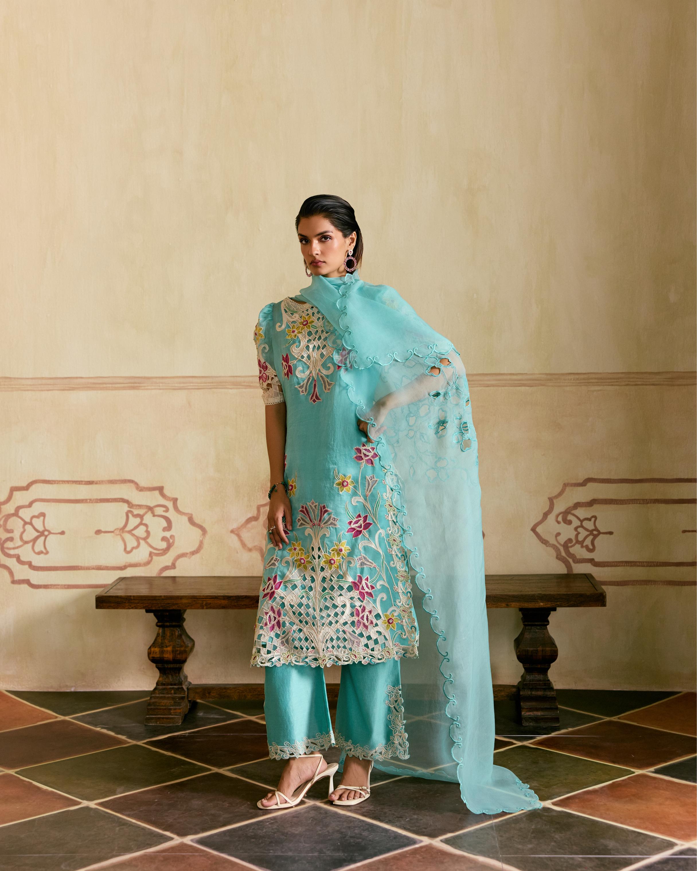 AQUA AND IVORY APPLIQUE AND CUTWORK KURTA WITH PANTS