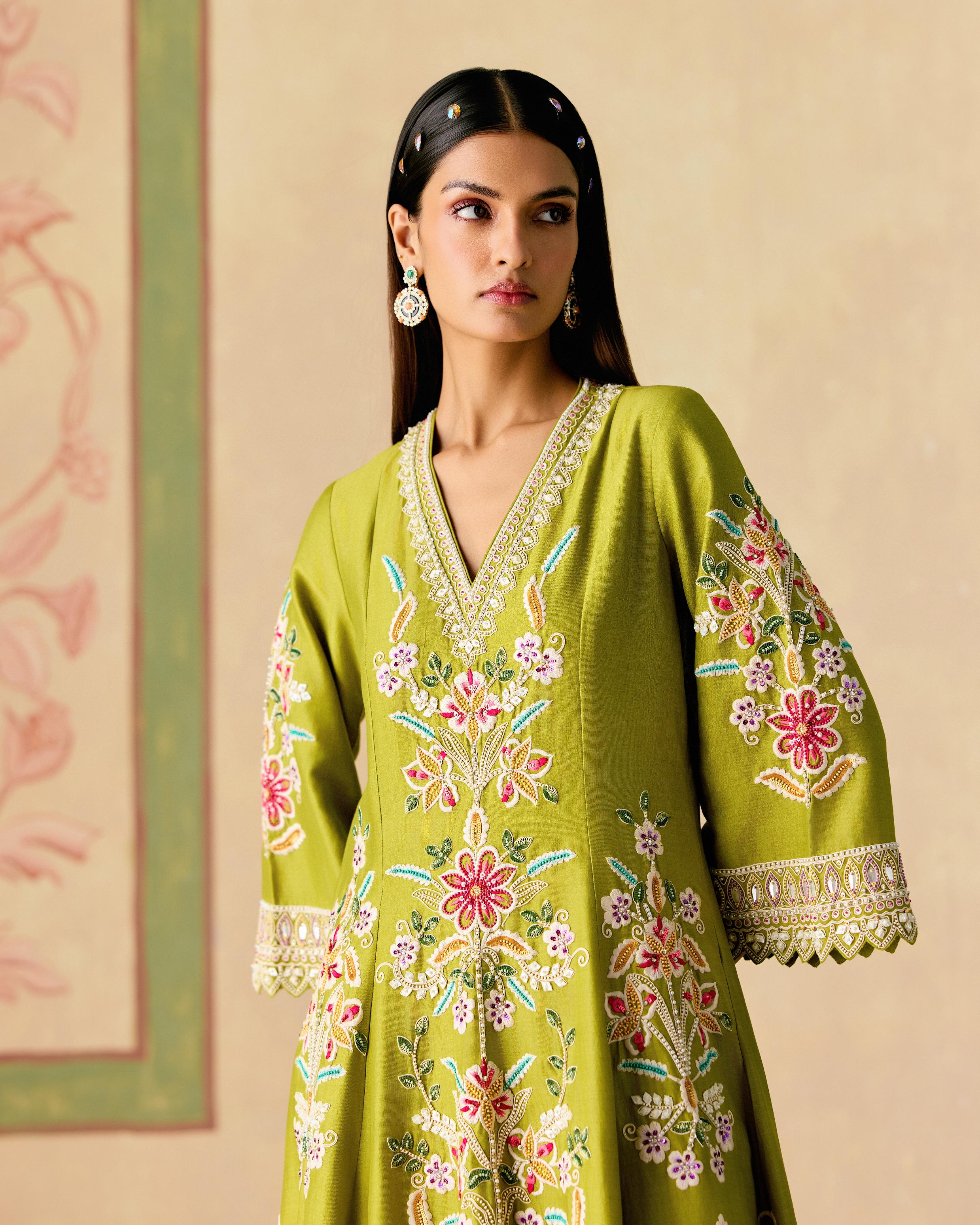 OLIVE CONTRAST CORDWORK FLARED SHORT KURTA WITH BELL BOTTOM PANTS