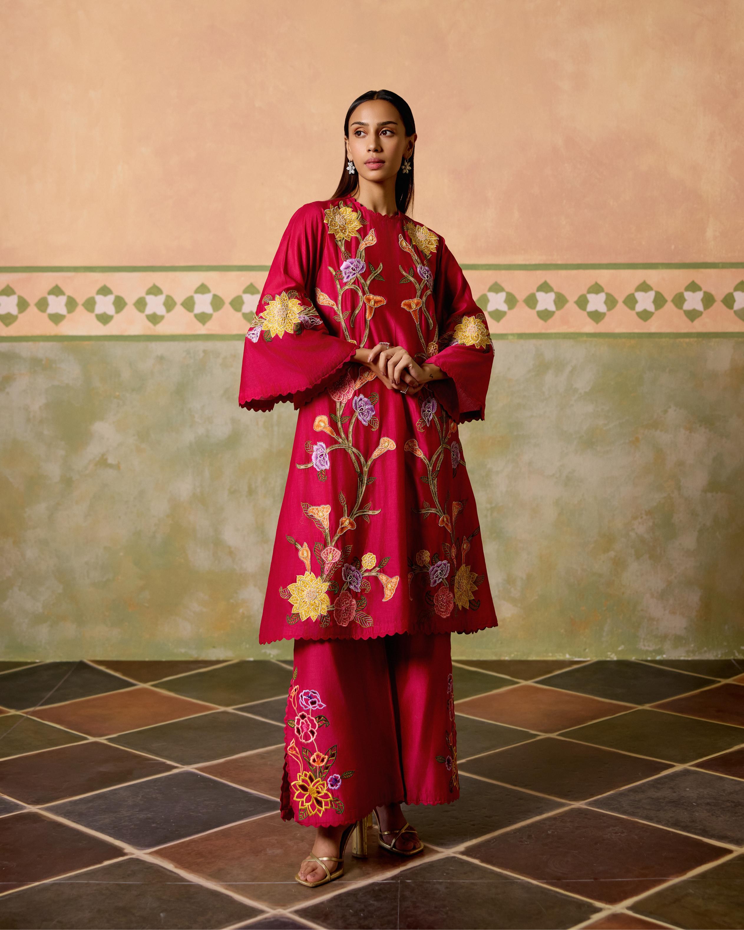 FUCHSIA MOSAIC FLORALS SHORT KURTA WITH CUTWORK FLARED PANTS